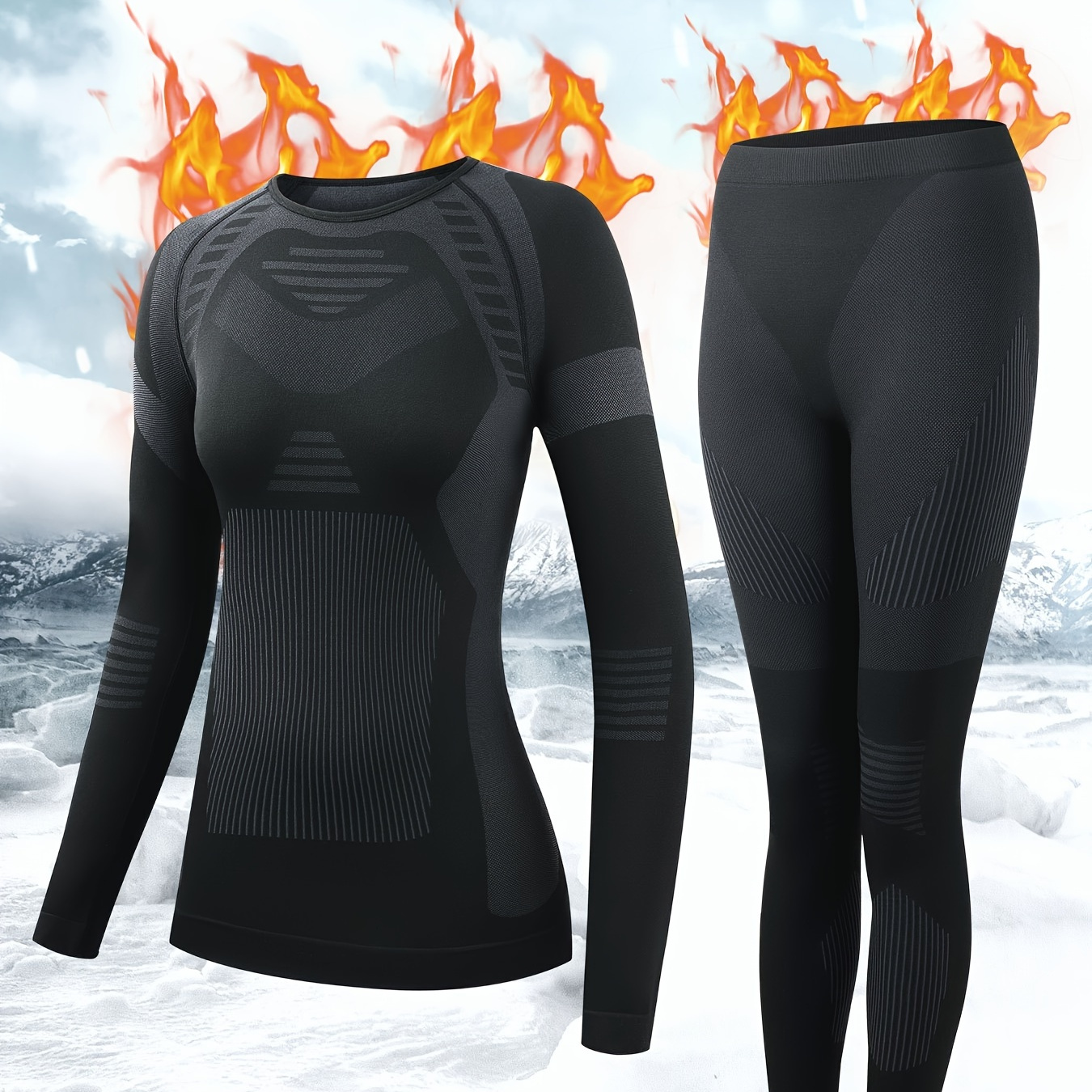 2pcs Thermal Underwear Set, Long Sleeve Warm Top & High Stretch Running Ski Sports Leggings For Winter & Fall, Women's Activewear