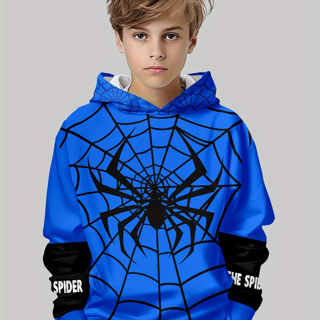 

Boys Casual Spider Web 3d Print Hoodie - Polyester & Spandex , Long Sleeve Pullover With Hood, Stretch, Knit Fabric, Fall/winter - Blue