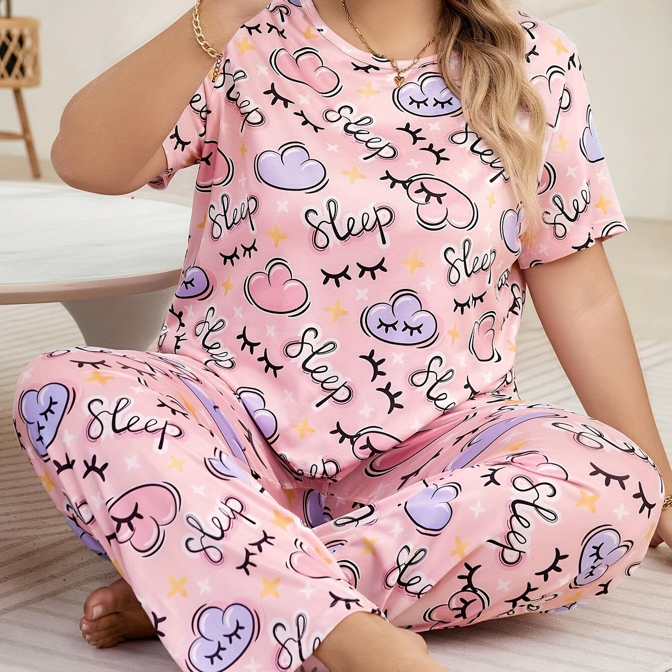 

Ensemble Pyjama Grande Taille pour Femmes avec Dessins Animés Mignons, en Polyester avec Élasthanne, Non Transparent - Lavable en Machine