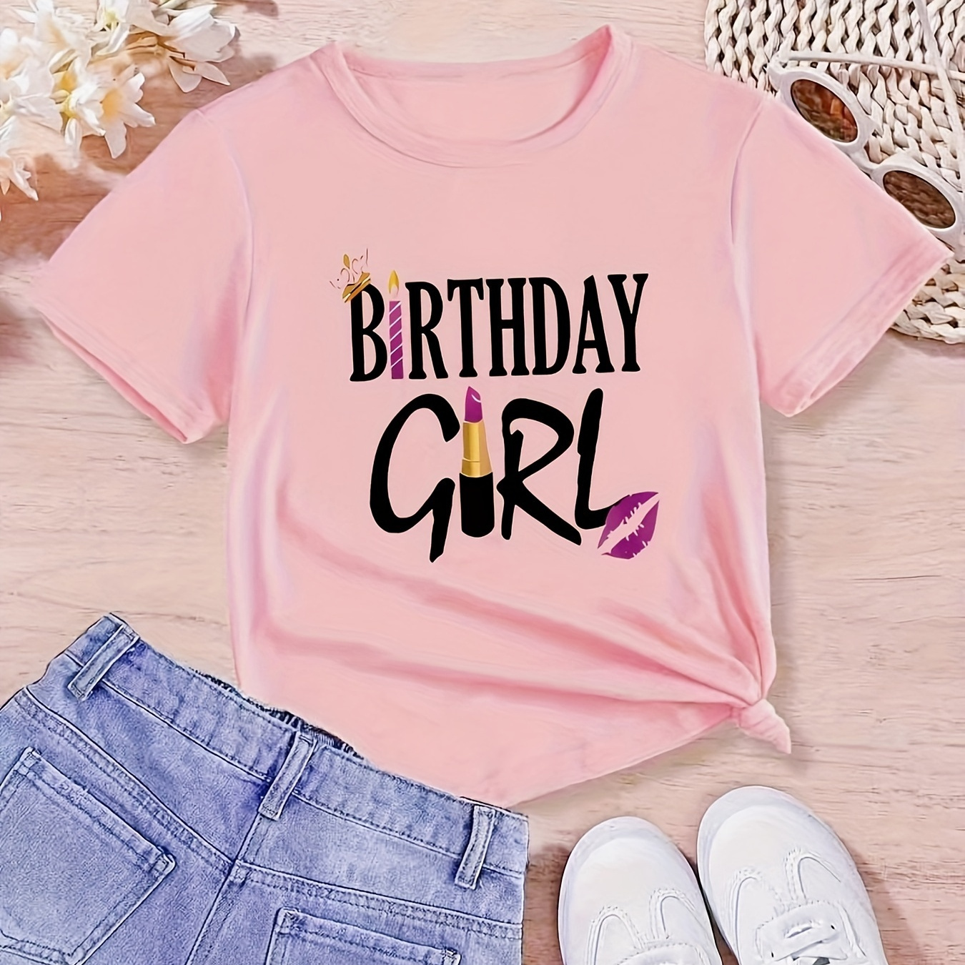 

birthday Girl" Letter Print Creative T-shirts, Soft & Elastic Comfy Crew Neck Short Sleeve Tee, Girls' Spring/summer Tops