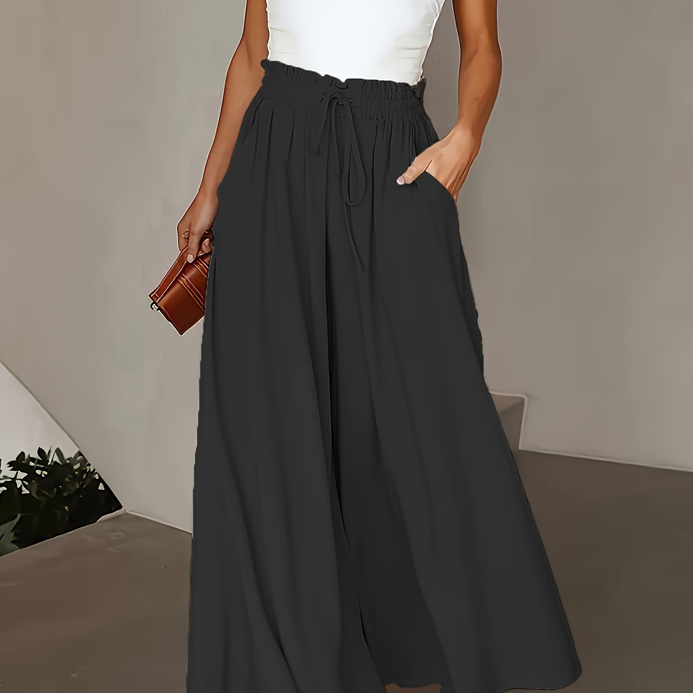 

Plus Size Solid Wide Leg Pants, Elegant Loose Slant Pockets Drawstring Waist Pants For Spring & Summer, Women's Plus Size Clothing