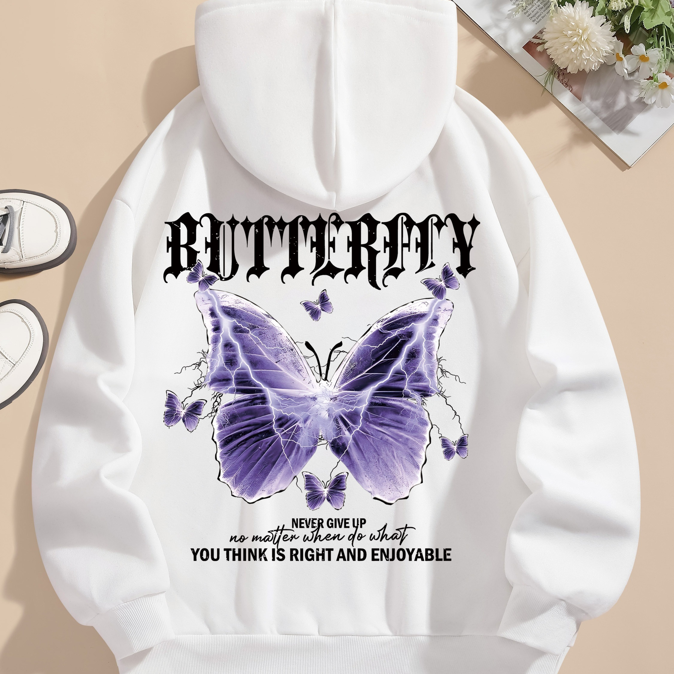 

Letter & Butterfly Print Hoodie, Drawstring Casual Hooded Sweatshirt For Winter & Fall, Women's Clothing