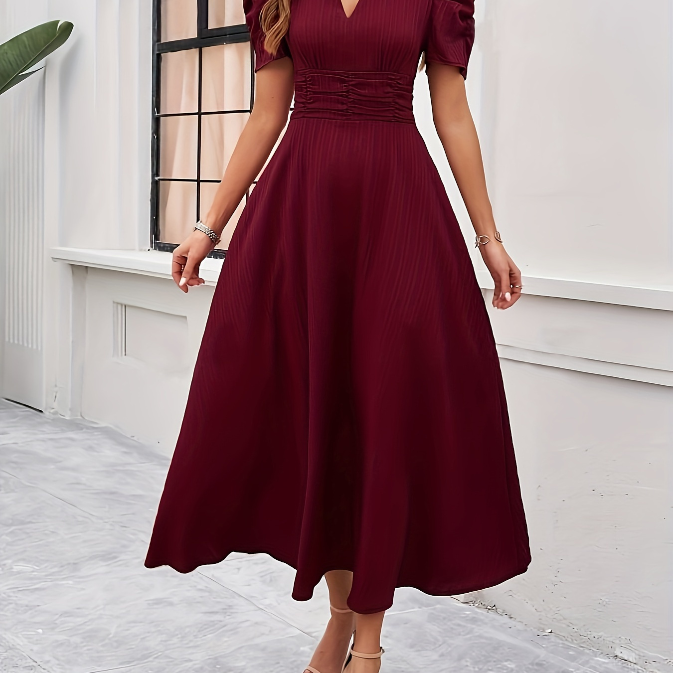 

Solid Color V-neck Dress, Elegant Puff Sleeve Ruched Waist A-line Dress For Spring & Summer, Women's Clothing