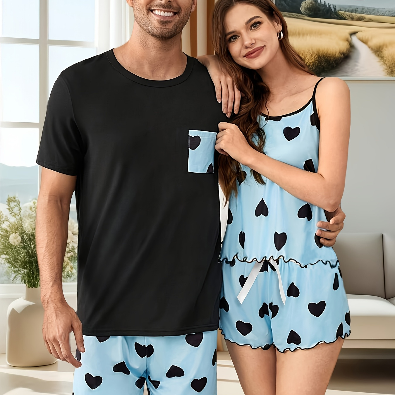 

Valentine's Day Heart Print Clothing Set For Couples, Round Neck, Stretch Polyester Fabric, Machine Washable - All