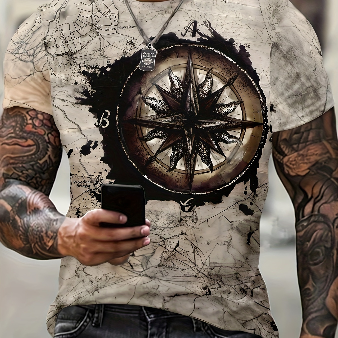 

Vintage Compass Pattern 3d Printed Crew Neck Short Sleeve T-shirt For Men, Casual Summer T-shirt For Daily Wear And Vacation Resorts