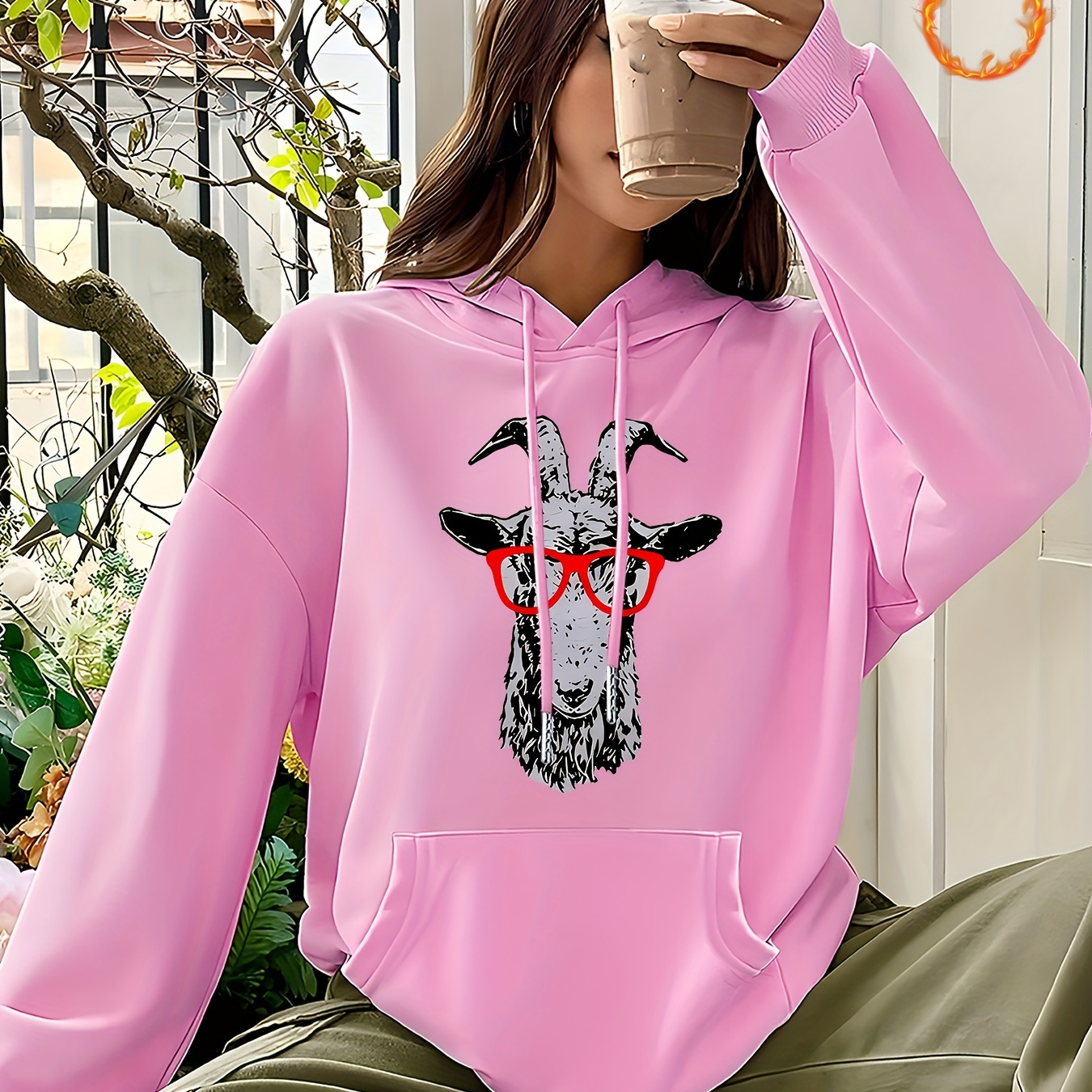 

Goat Print Solid Color Drawstring Hoodie, Pullover Drawstring Kangaroo Pocket Active Hooded Sweatshirt, Women's Sweatshirts