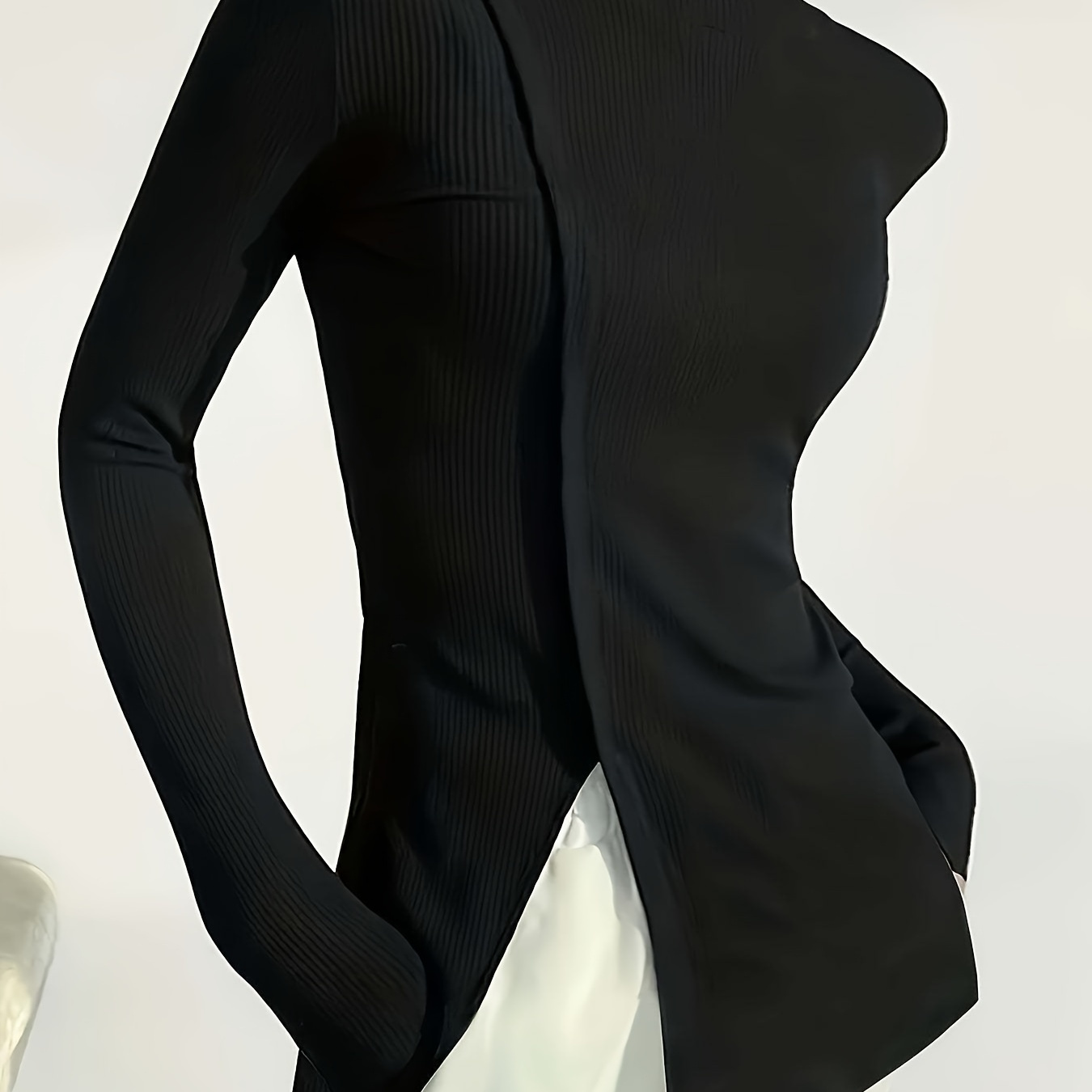 

Elegant Mock Neck Long Sleeve Top With Side Slit - Stretchy Polyester , Machine Washable - Spring & Fall