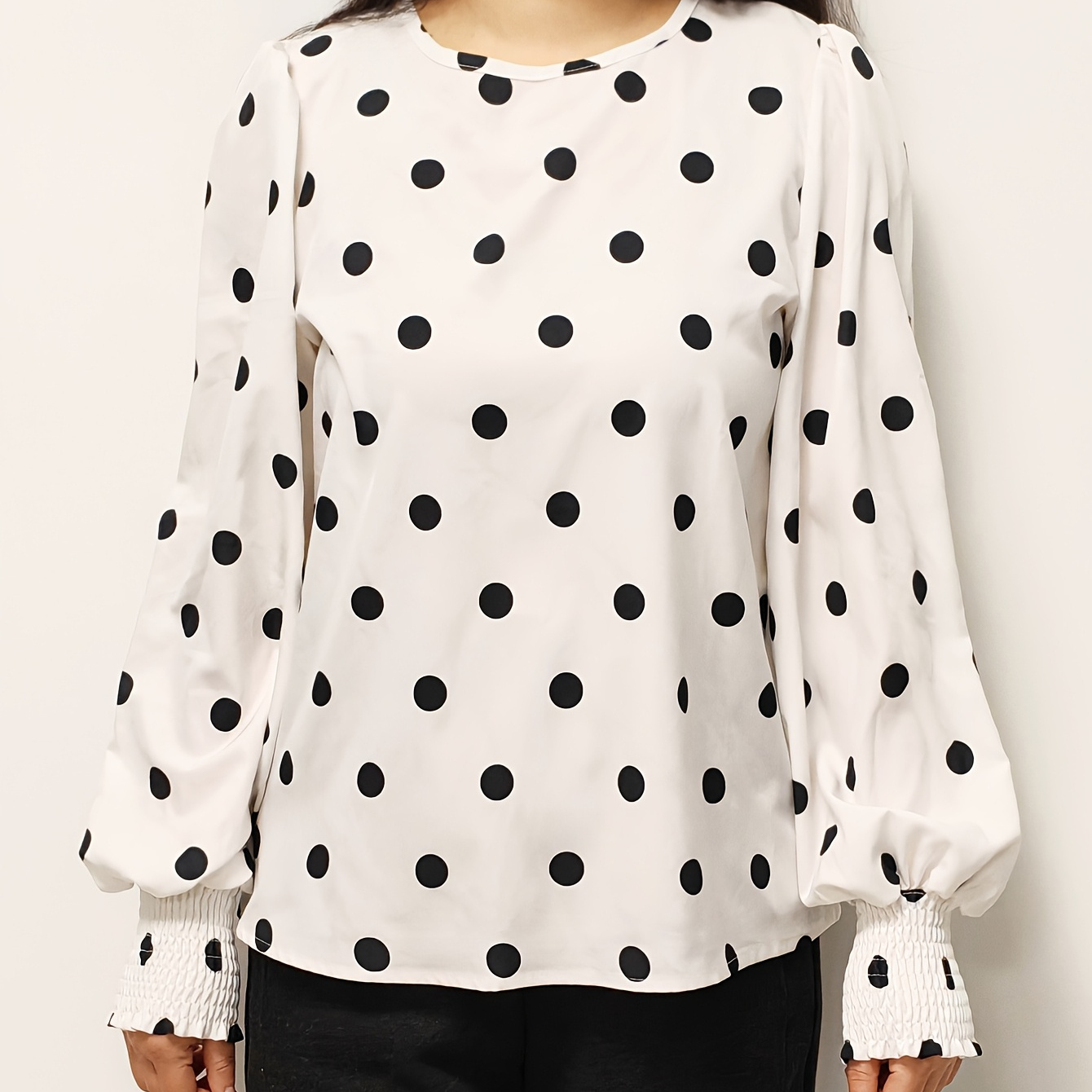 

Polka Dot Neck Blouse, Elegant Long Sleeve Ruffle Trim Top For Spring & Fall, Women's Clothing, Black & White, Lantern Sleeve
