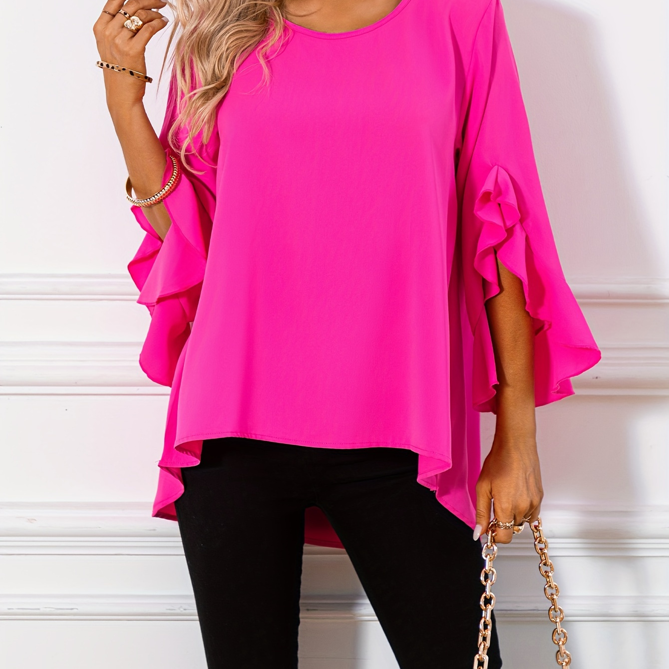 

Ruffle Sleeve Crew Neck Blouse, Elegant Solid Color Blouse For Spring, Women's Clothing