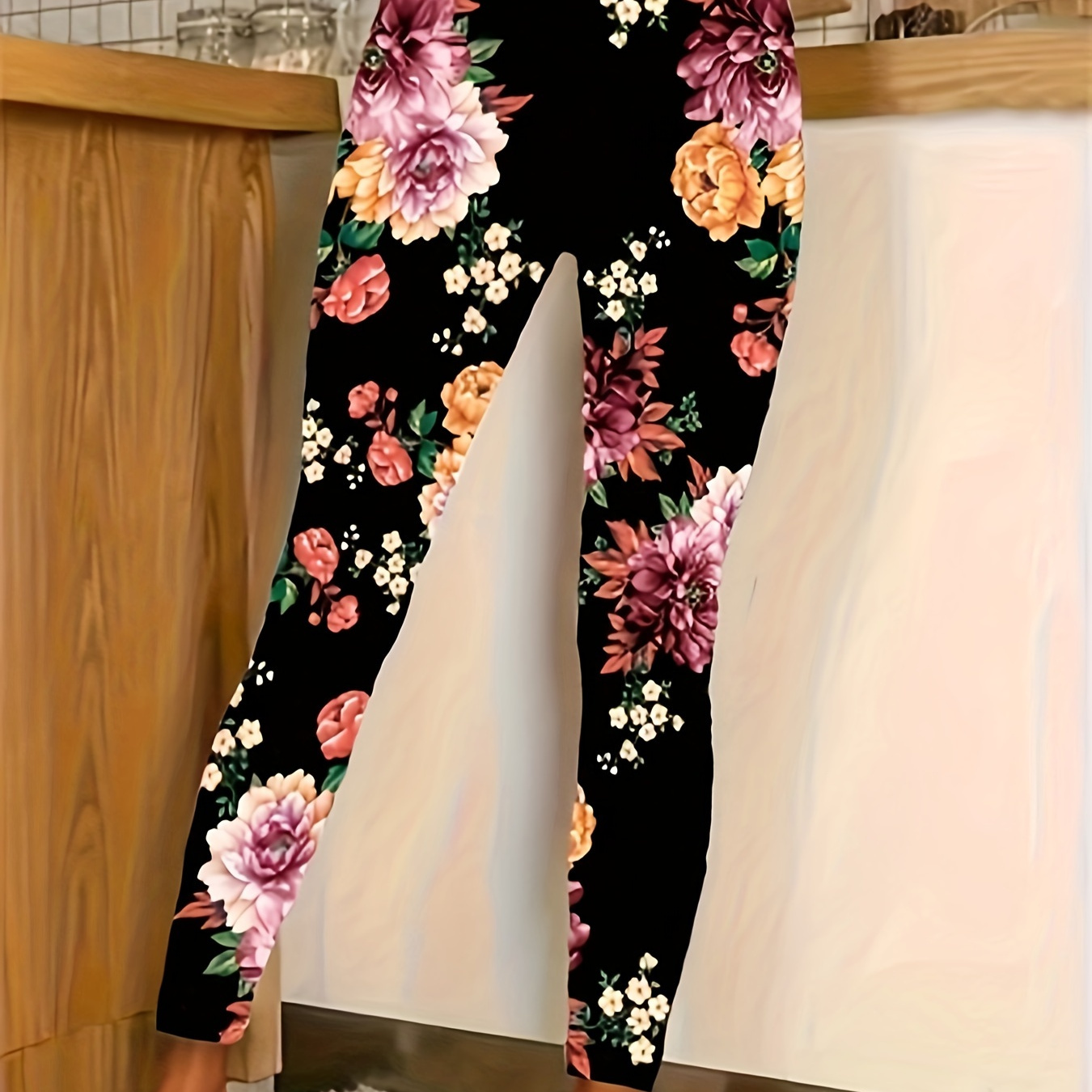 

Large Size Casual Tight Pants, Women's Large Size Floral Print High High Waist Tight Pants