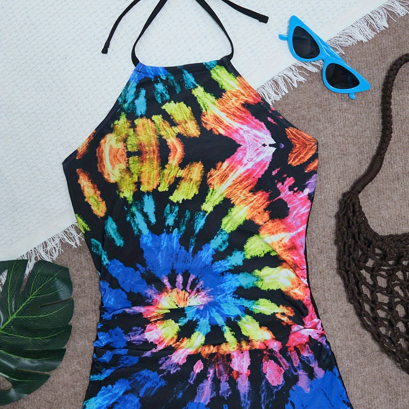 

Women's Tie-dye Tankini Top, Halter Neck Swimwear, Vibrant Colorful Summer Beachwear