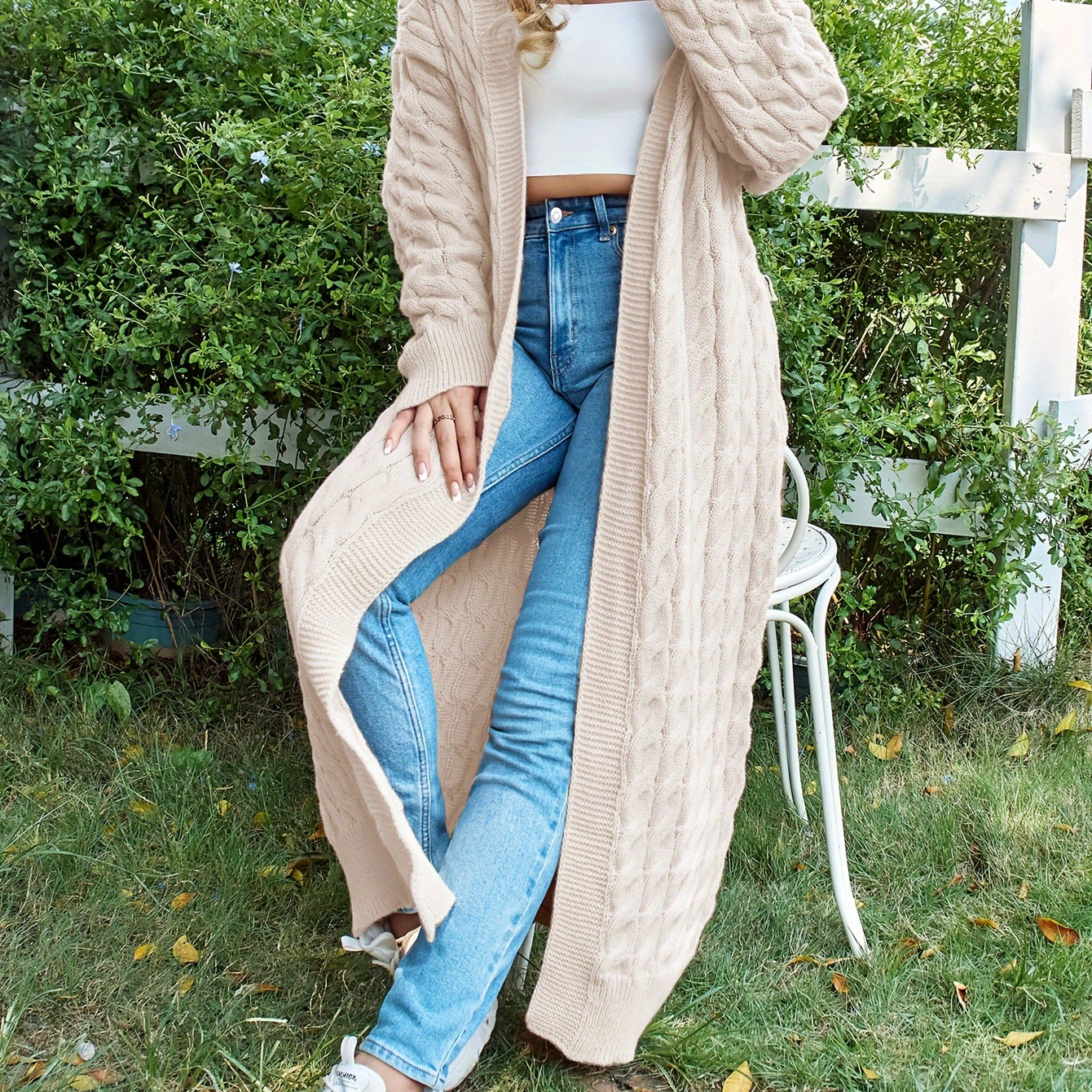 

Women's Casual Cream-colored Long Hooded Cardigan - Open Front, Ribbed Detail, High Stretch Acrylic Knit, V-neck, Machine Washable - Cozy For Fall/winter, Winter Outerwear| Design|stylish