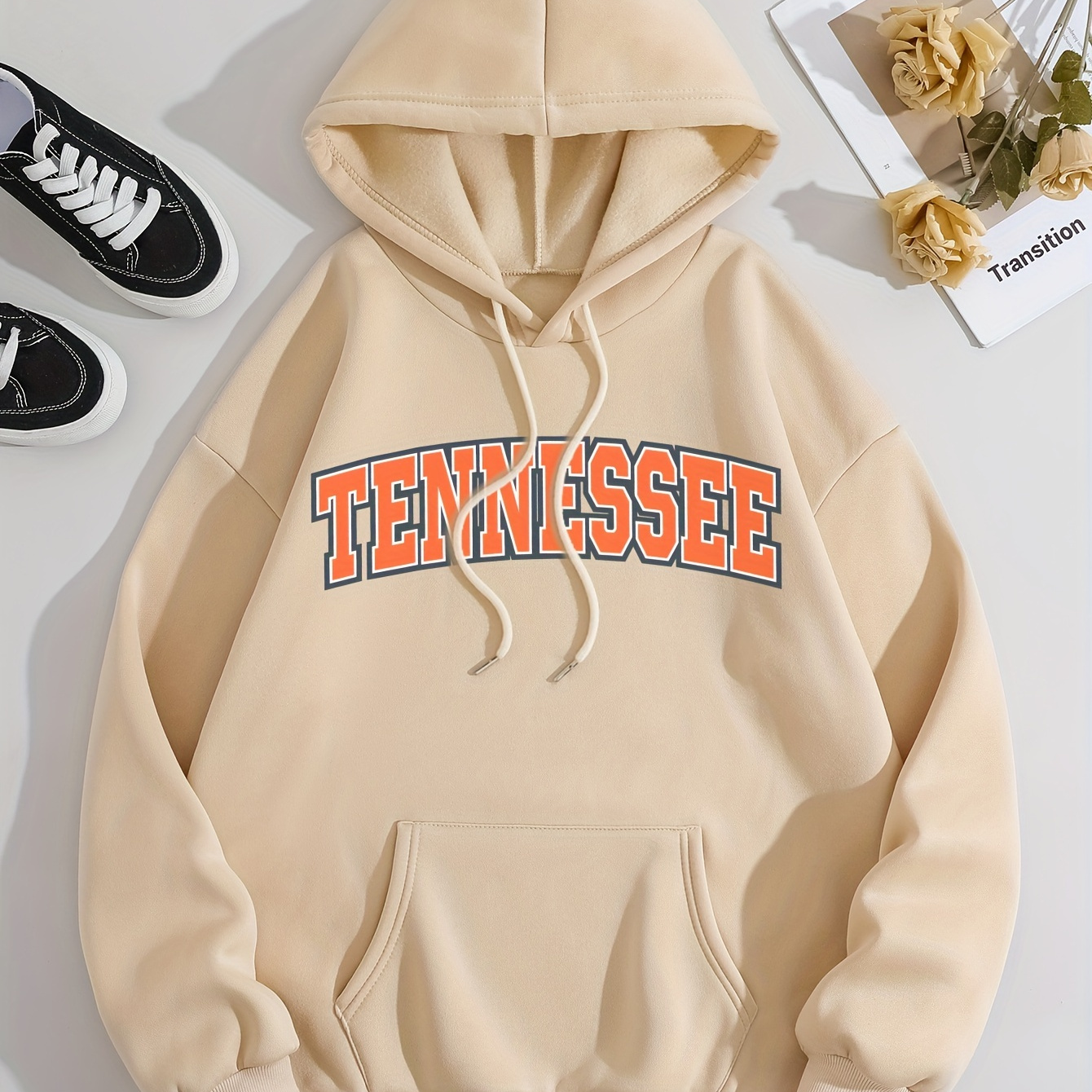 

Tennessee Letter Print Hoodie - 100% Polyester Casual Hooded Sweatshirt With Knit Fabric, Alphabet Pattern, All-season Women's Pullover