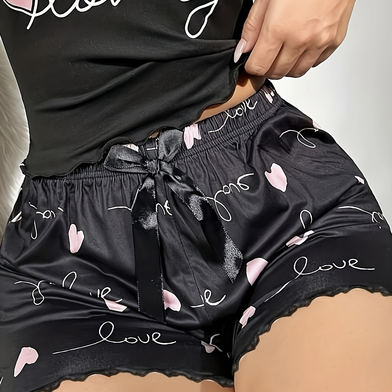 

Casual Heart & Letter Print Night Bottoms, Elastic High Waist Frill Trim Shorts, Women's Sleepwear & Loungewear