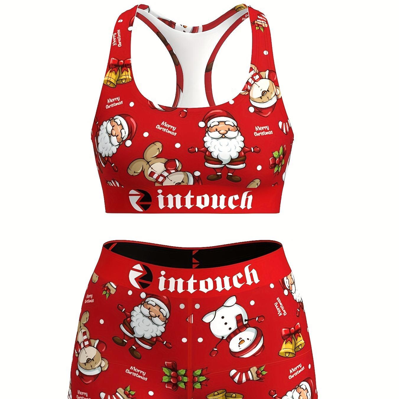 Damers trendy mærkevare rød juleelement-print højstrækbar åndbar komfortabel stødabsorberende sports-bh, fitness, svømning, essentielt sports-sæt