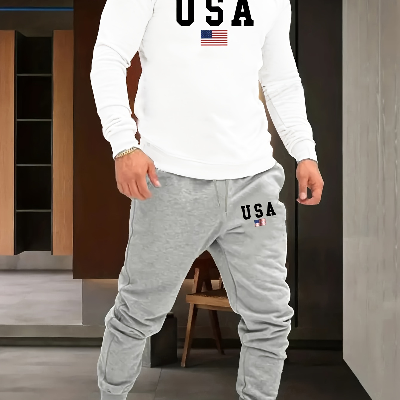 

Usa Print Men's Versatile Long Sleeve Sweatshirt & Casual Drawstring Pants Outfits, Simple Comfy 2pcs Set For Fall/winter Outdoor