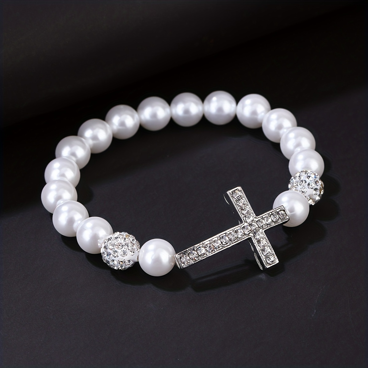 

1pc Men's Metal Faux Diamond-set Cross Round Beads Imitation Pearl Elastic Bracelet