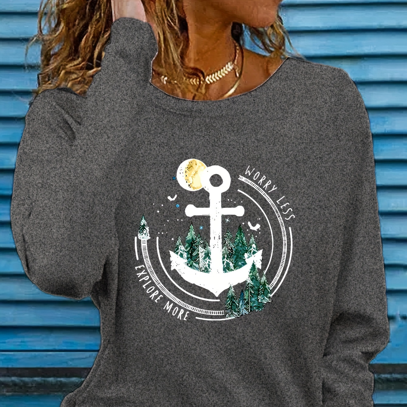 

Anchor Print T-shirt, Long Sleeve Crew Neck Casual Top For Spring & Fall, Women's Clothing