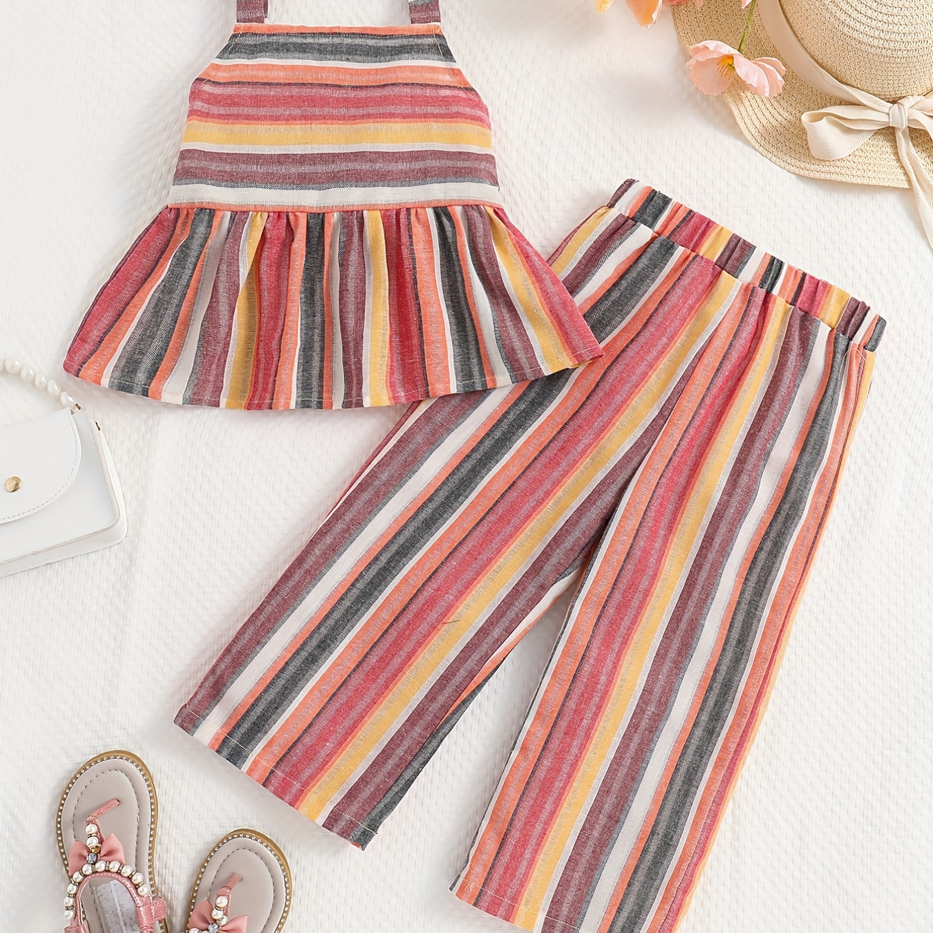 

Girls 2pcs Ruffle Camisole & Elastic Waist Pants Set Colorful Stripe Print Sleeveless Top Casual Kids Clothes Summer