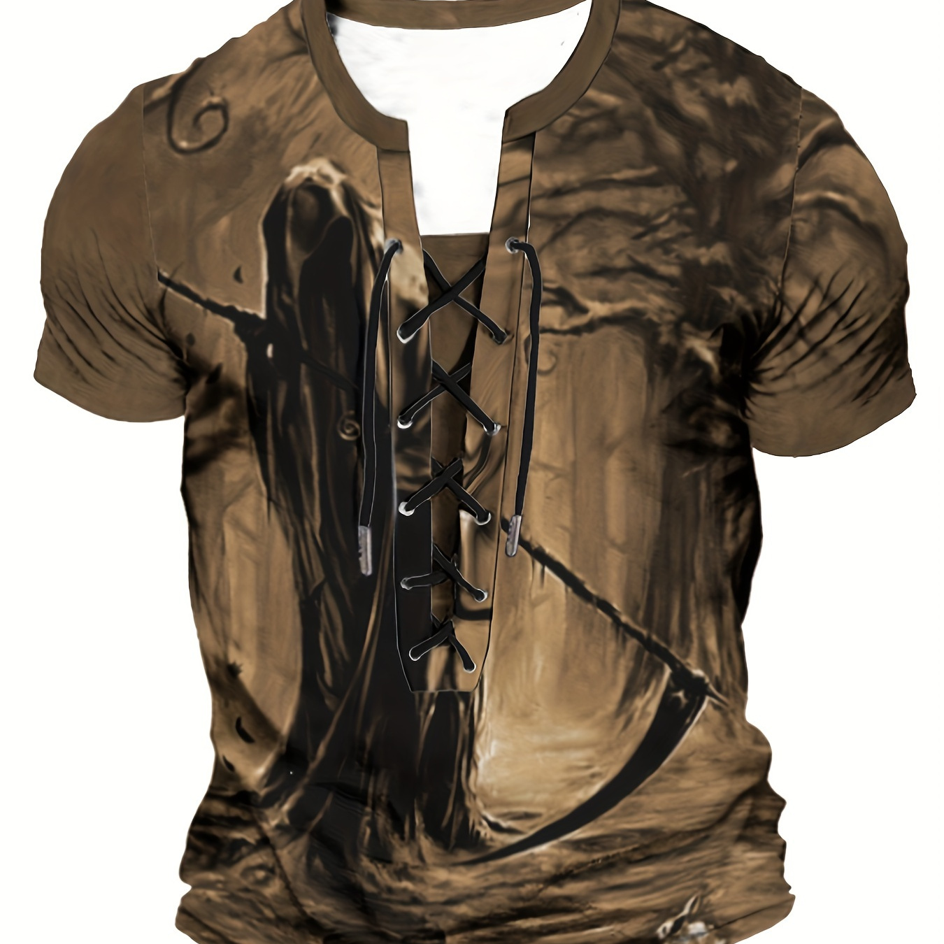 

Men's 3d Digital Hooded Figure With Scythe Pattern Crew Neck And Short Sleeve T-shirt, Novel And Cool Retro Style Tops For Summer Outdoors Wear