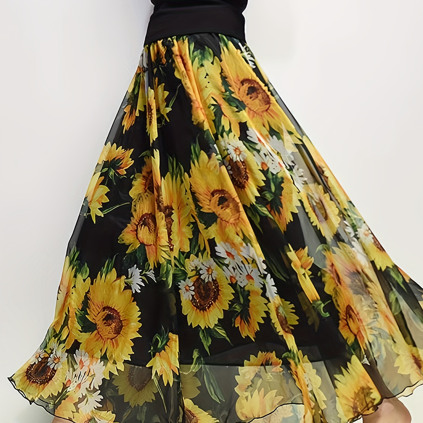 

Sunflower Print High Waist Skirt, Boho Maxi Beach Skirt For Spring & Summer, Women's Clothing