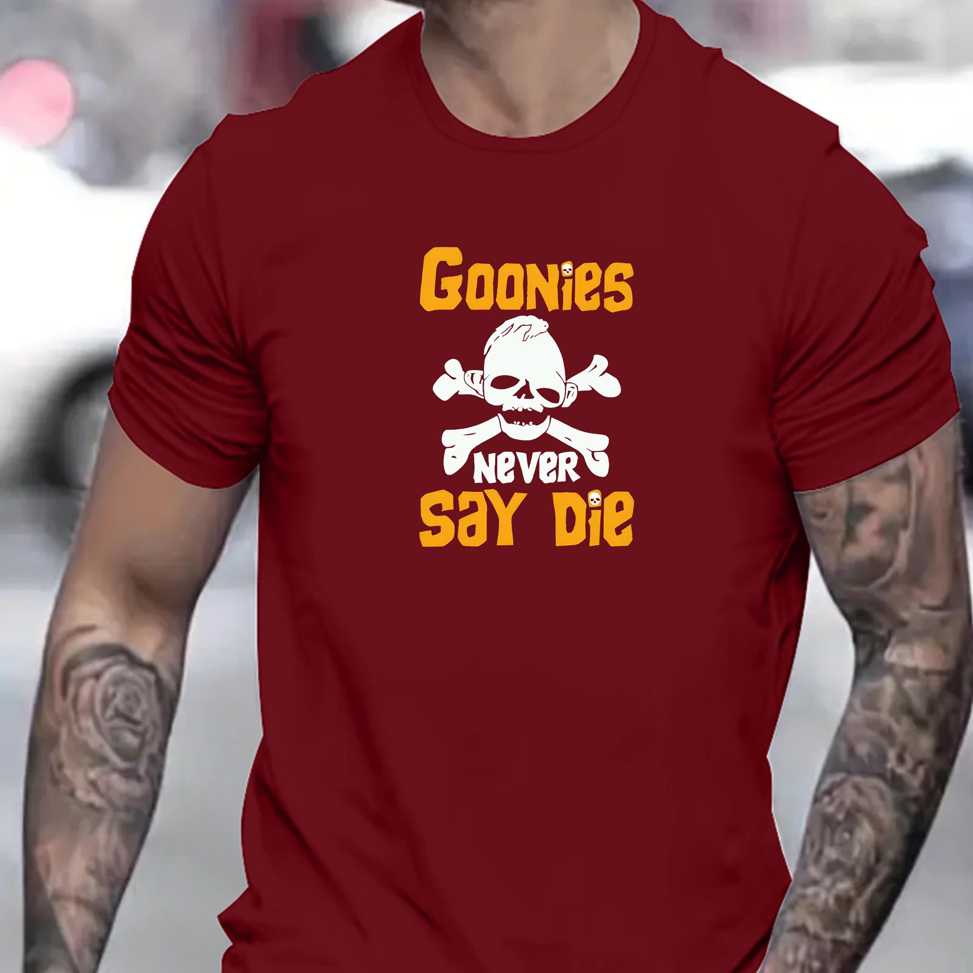 

Goonies Say Die Print Men's Fashion Comfy Breathable T-shirt, 2024 New Casual Round Neck Short Sleeve Tee For Spring Summer Holiday Leisure Vacation Men's Clothing As Gift