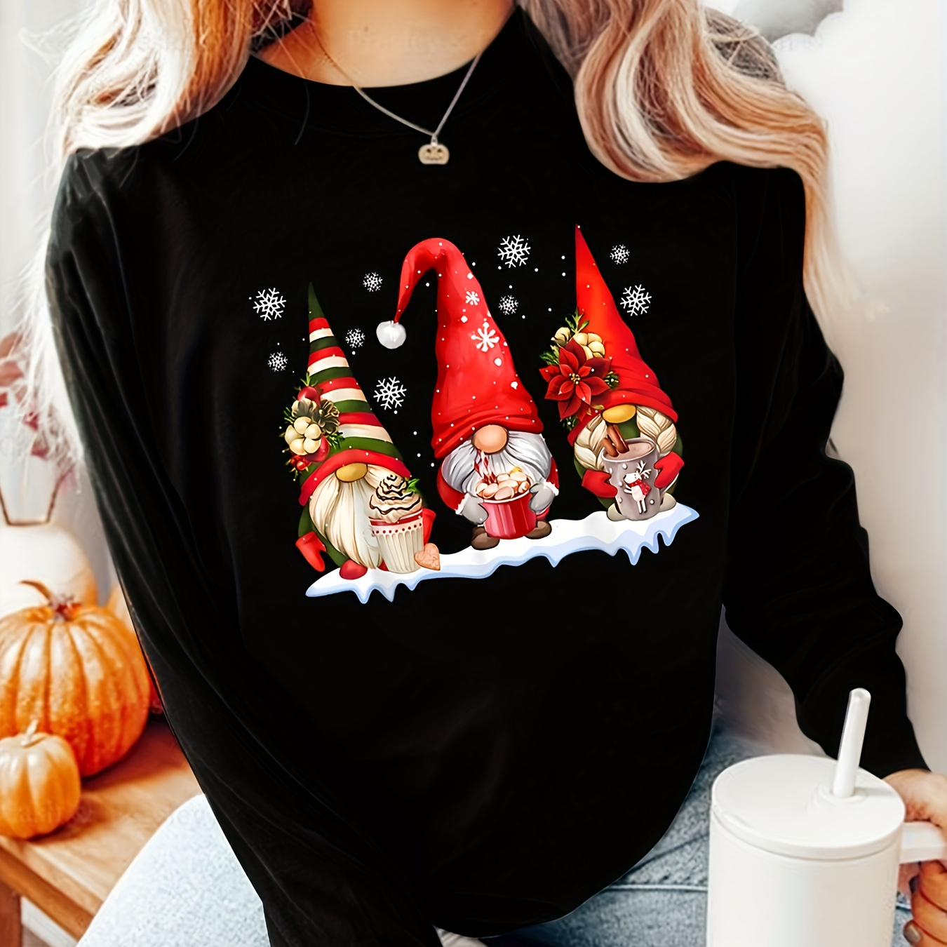 

Plus Size Christmas Gnome Print Long Sleeve T-shirt For Women - 100% Polyester Casual Crew Neck Tee With Medium Stretch, Knit Fabric - Festive Drawing Seasons