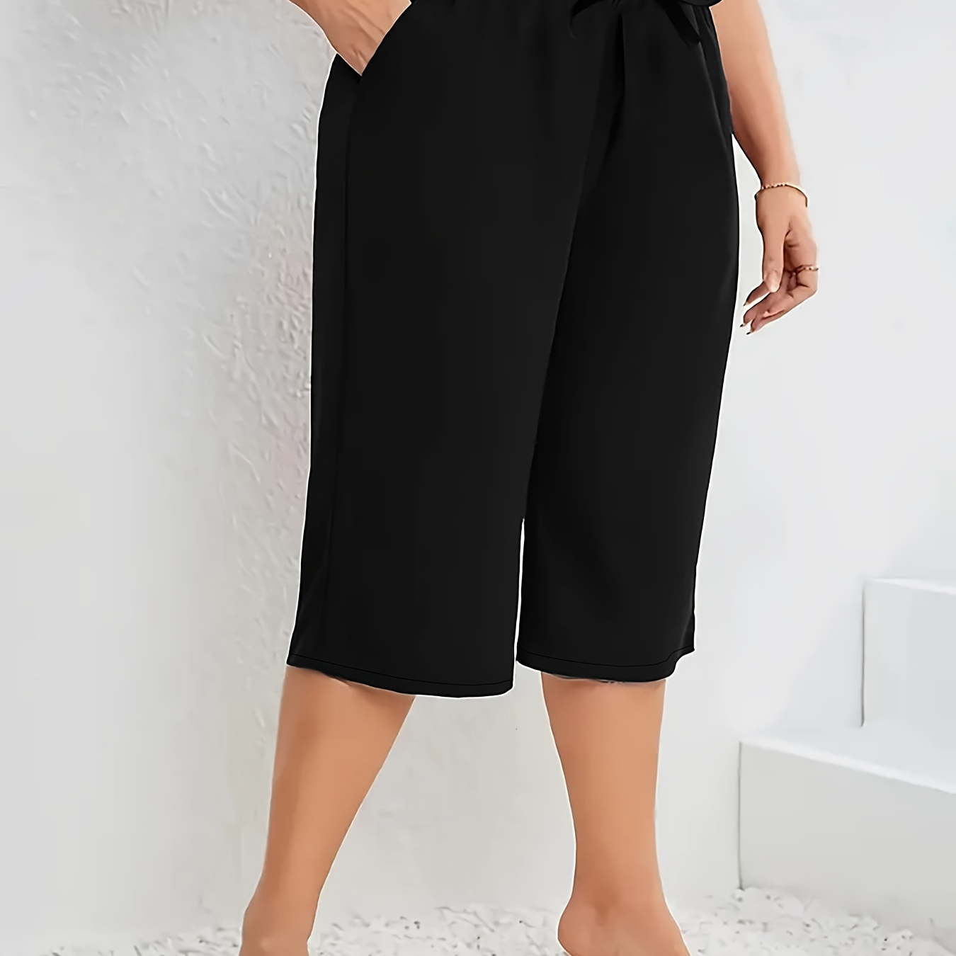 

Plus Size Solid Drawstring Wide Leg Capri Pants, Casual Elastic Waist Pants For Spring & Summer, Women's Plus Size Clothing