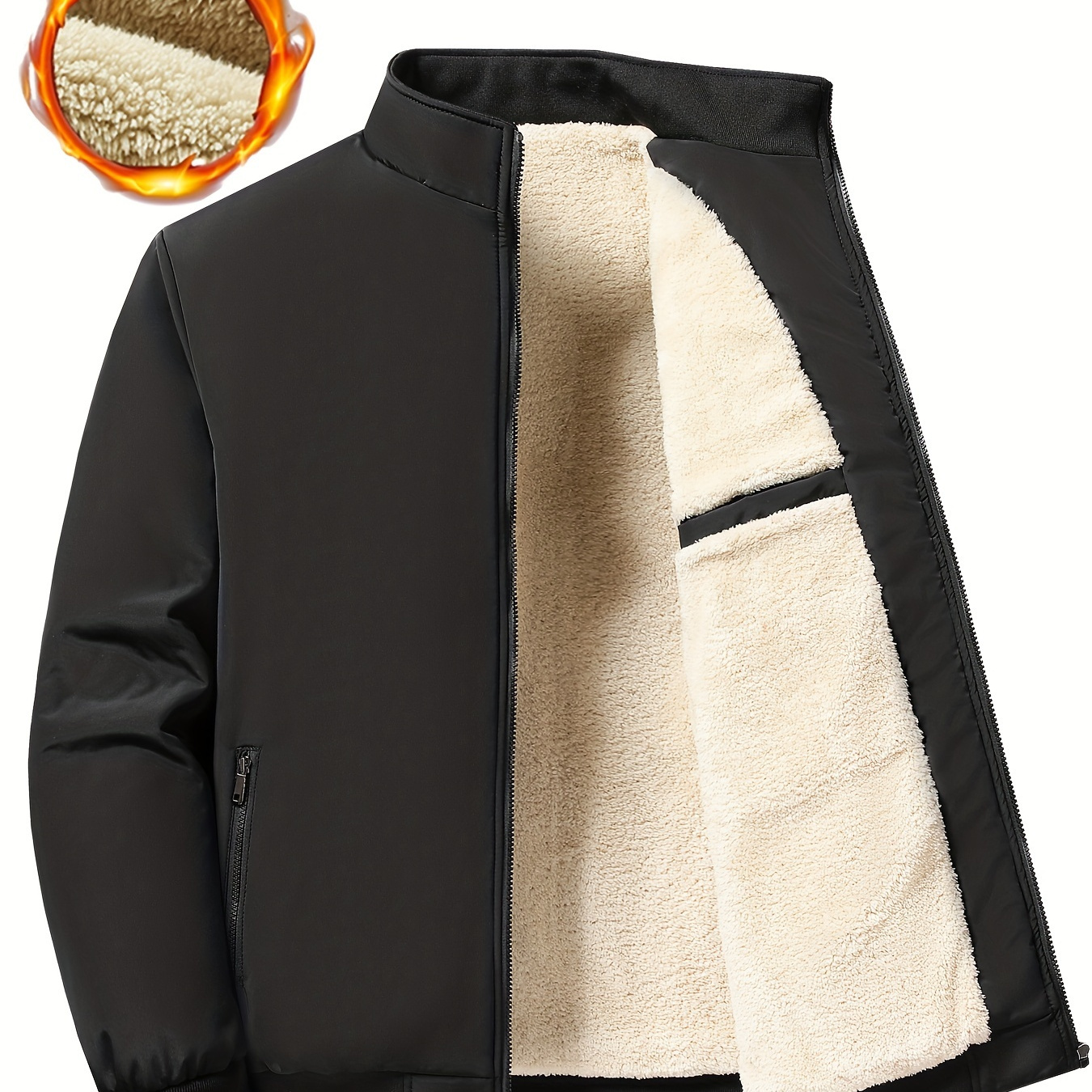 

Plus Size Men's Solid Band Collar Jacket Fall Winter Fleece Warm Jacket, Men's Clothing