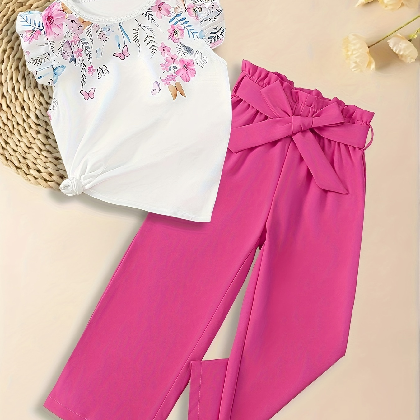 

Girls Outfit, Flowers Print Ruffle Top & High Waist Straight Pants Set Holiday Going Out 2pcs Summer Clothes
