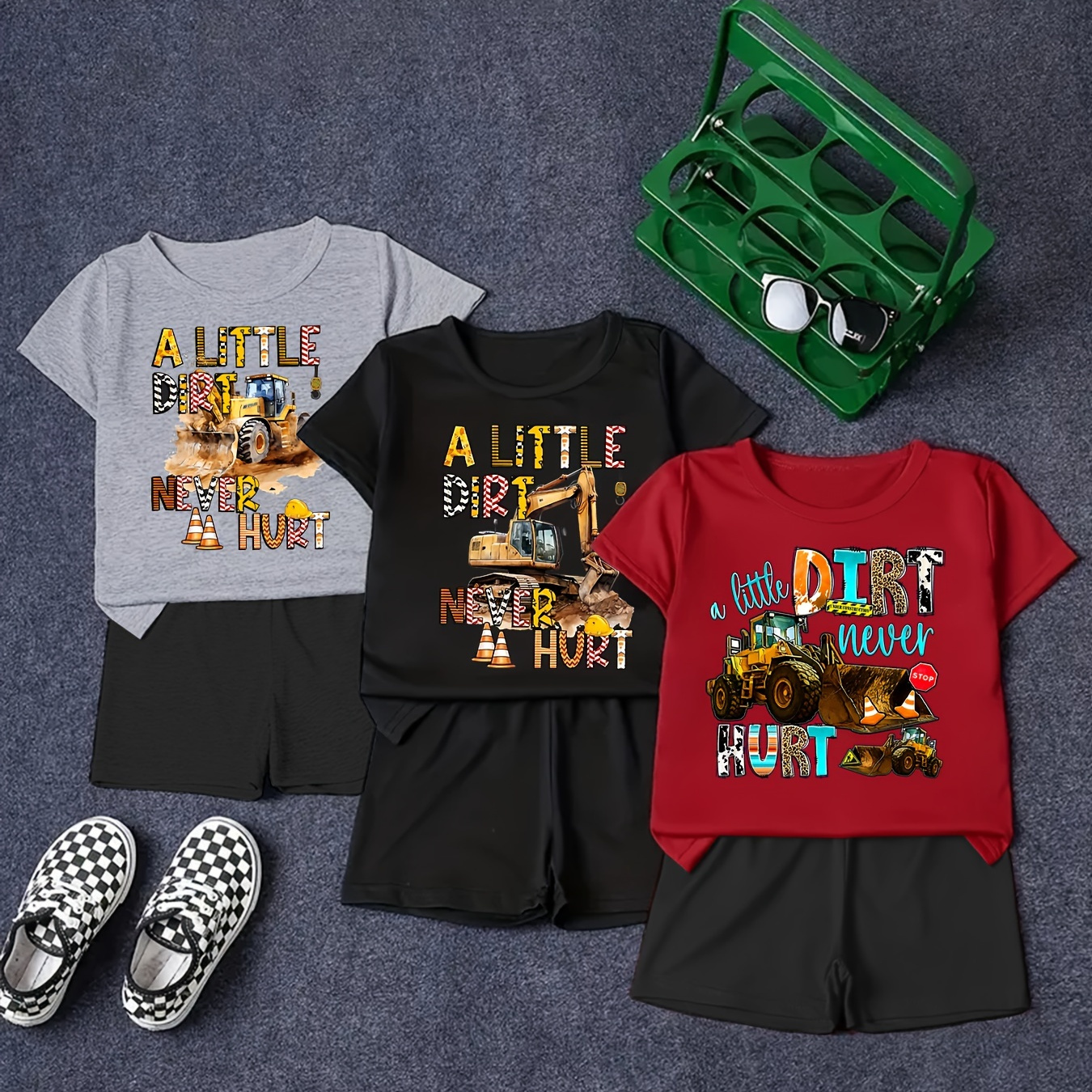 

Boys 3 Sets Summer Set, Cartoon Construction Car Print Short Sleeve Tee + Matching Shorts, Casual Co Ord Set