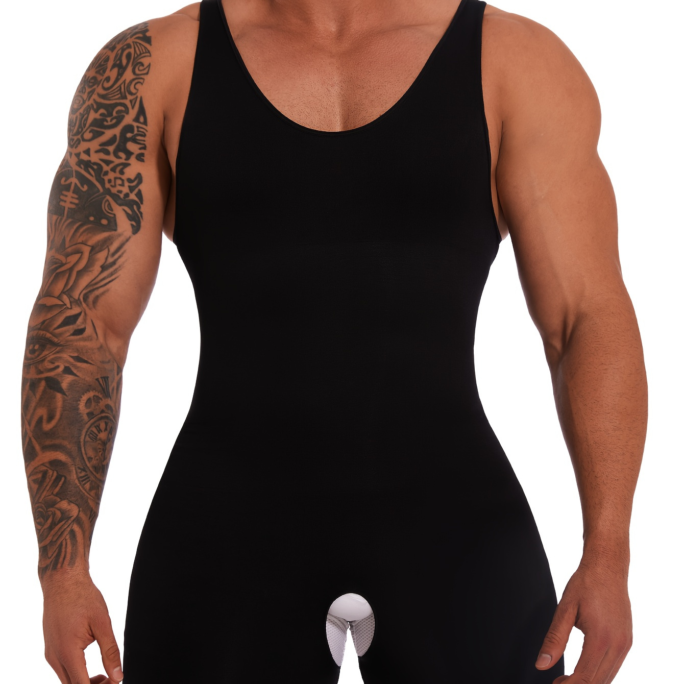 

1pc Men' Body Shaper Bodysuit - Polyamide 85% Spandex 15% High Stretch Knit Fabric, Crew Neck Sleeveless Tank Top, Solid Color Shapewear With Tummy Control