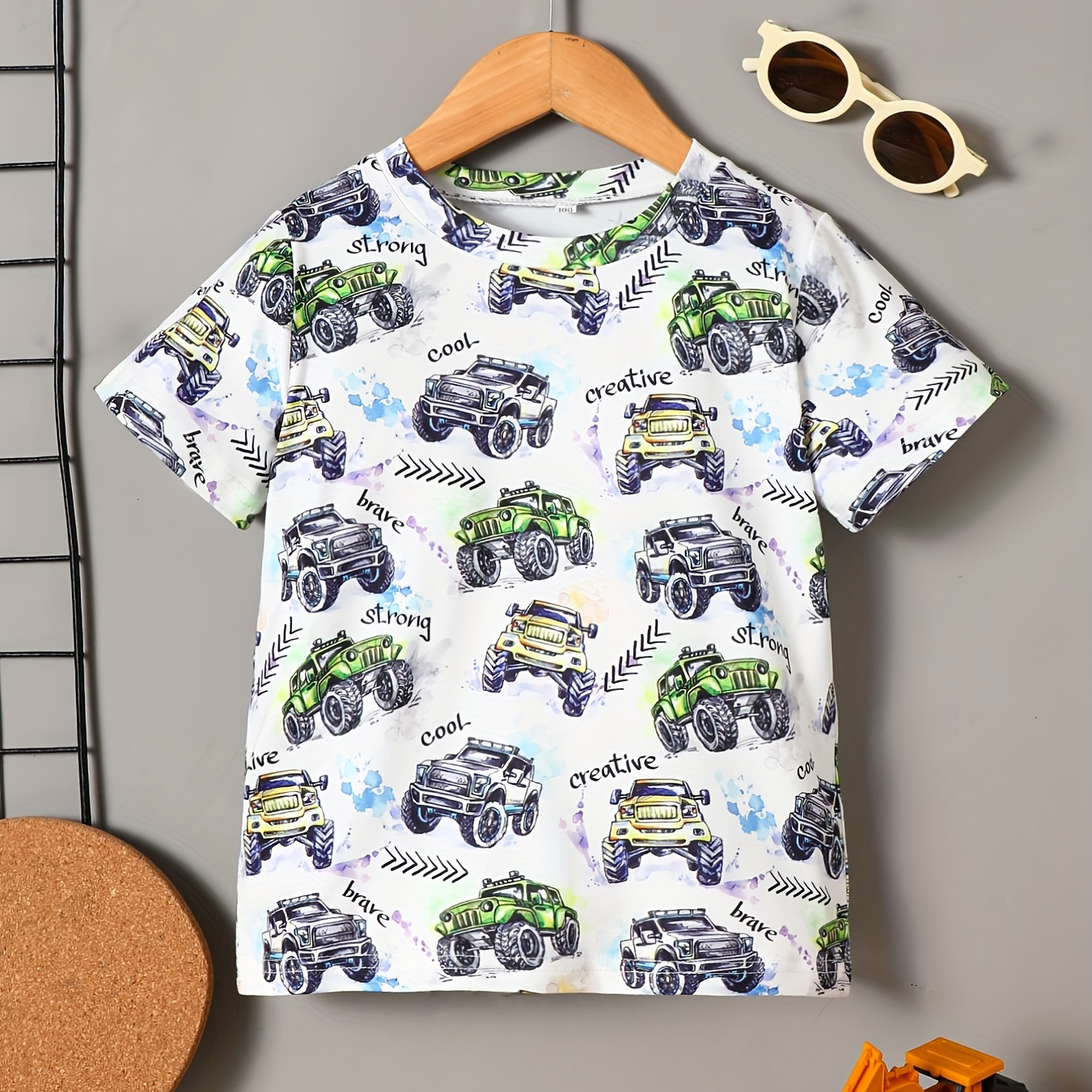 

Toddler Boys Allover Cartoon Car Graphic T-shirt Casual Round Neck Tees Top Kids Summer Clothes