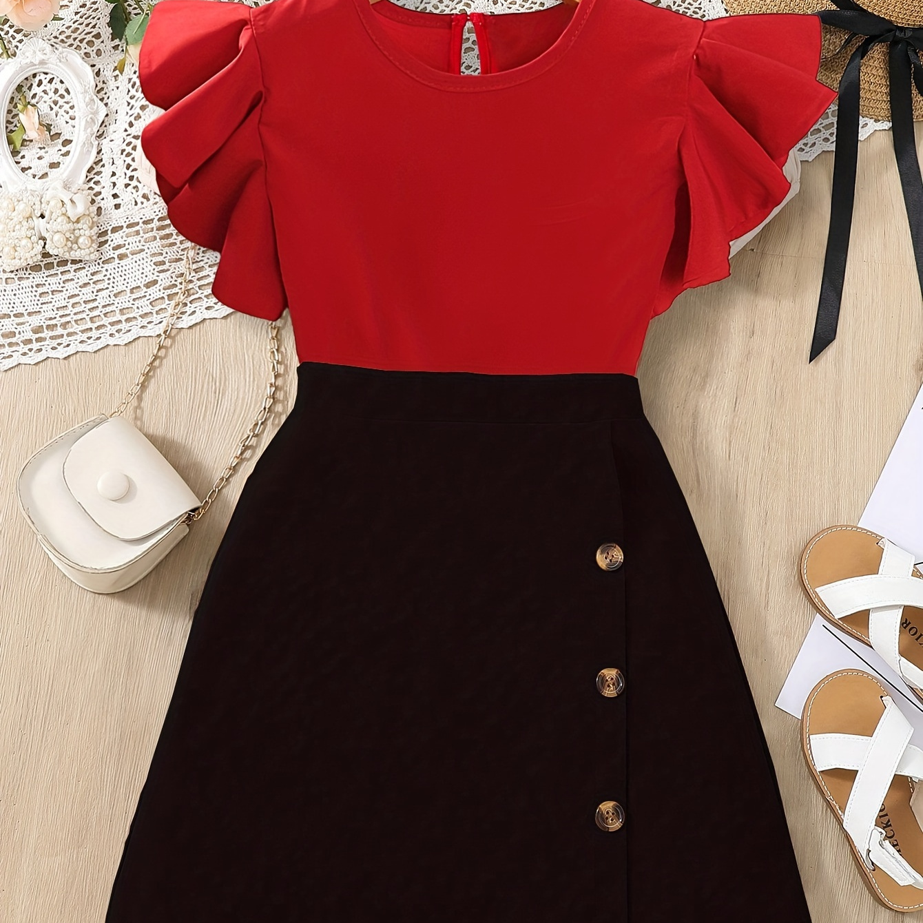 

Elegant Solid Two-piece Set, Flutter Sleeve Top + Button Design Versatile Skirt Set Girls Summer Outfit