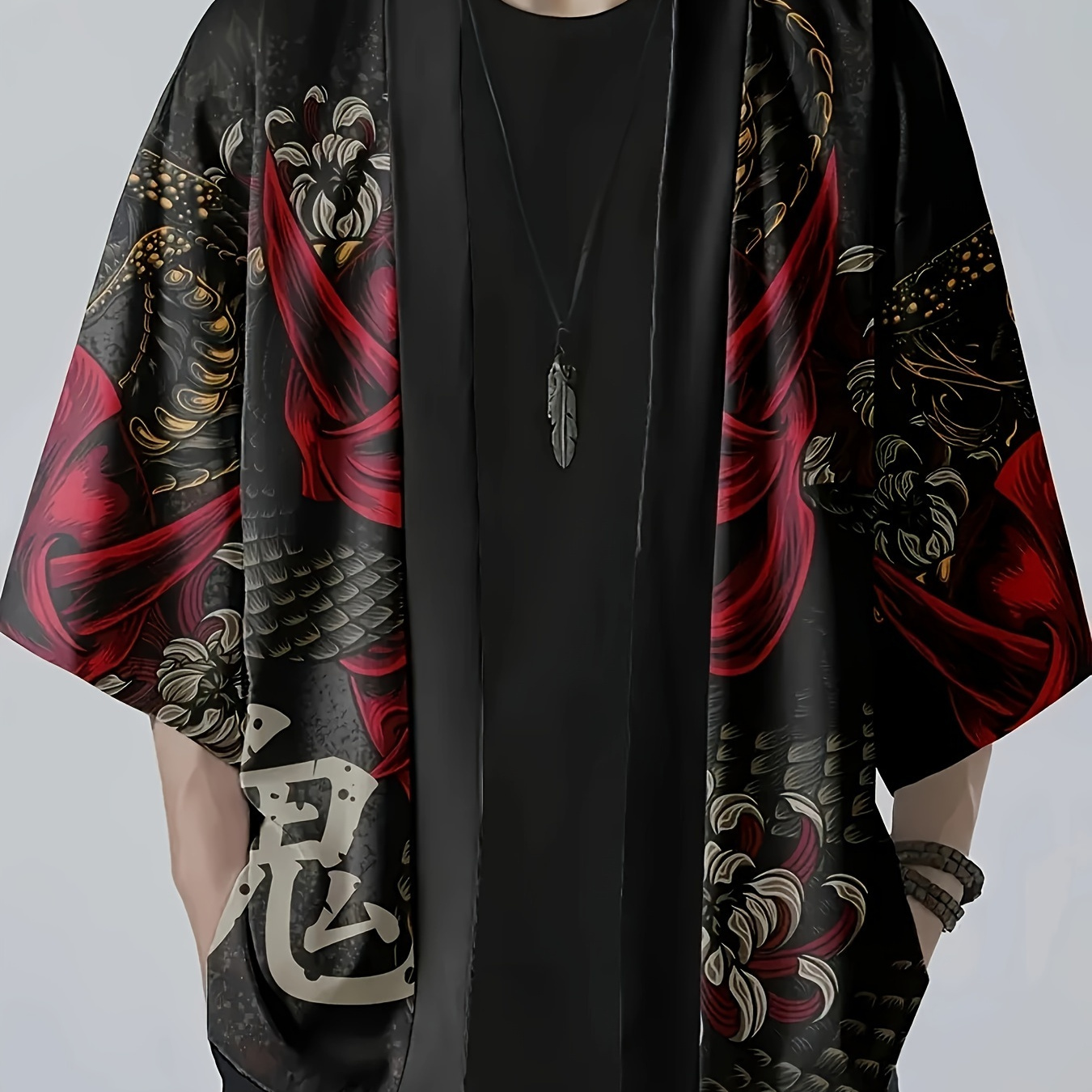 

Men's And Snake Pattern -quarter Sleeve Open Kimono Shirt, Summer Fashion Tops For Street Wear