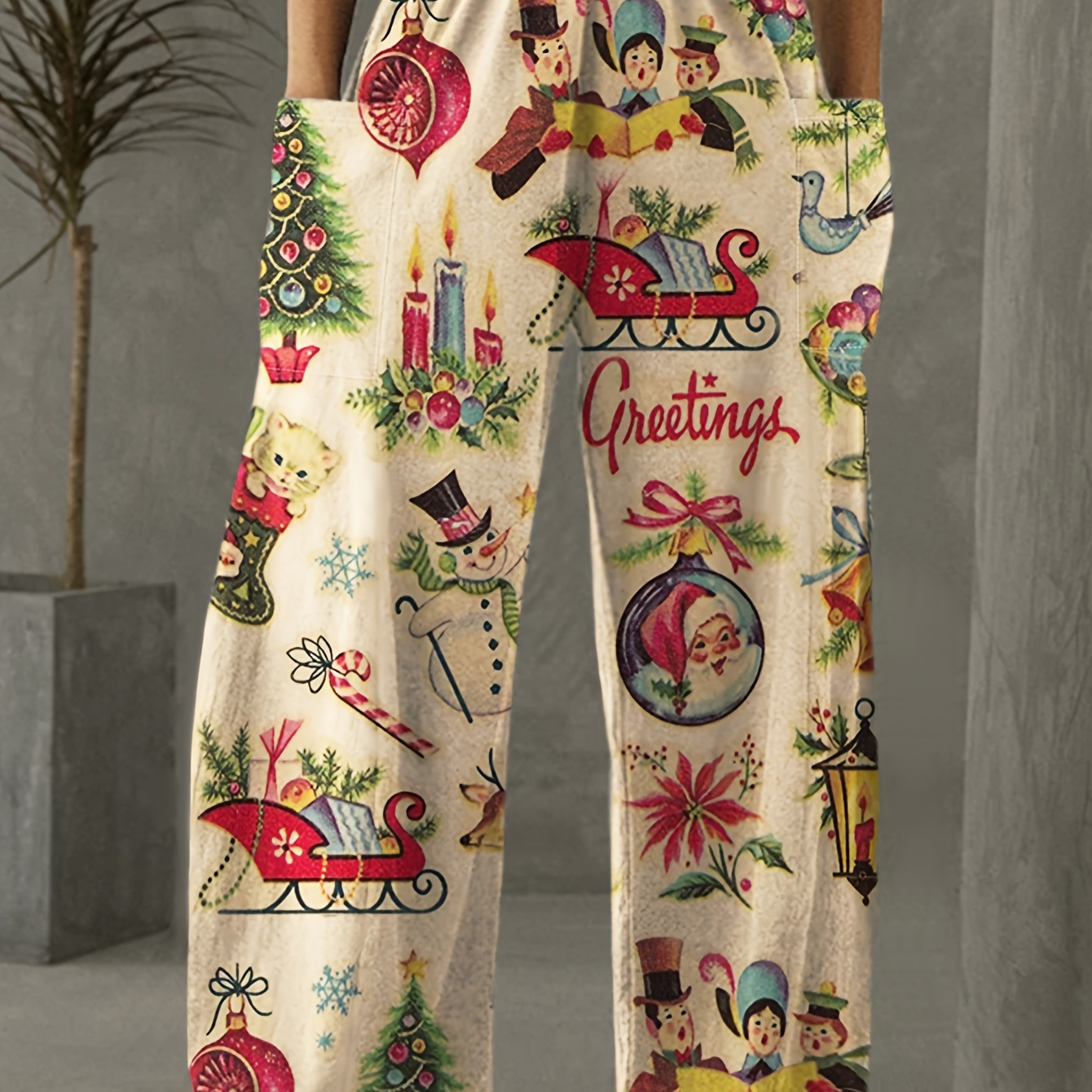 

Women's Cute Christmas Print Casual Pants With Pockets - Elastic Waist, Loose Fit, All-season Polyester Blend
