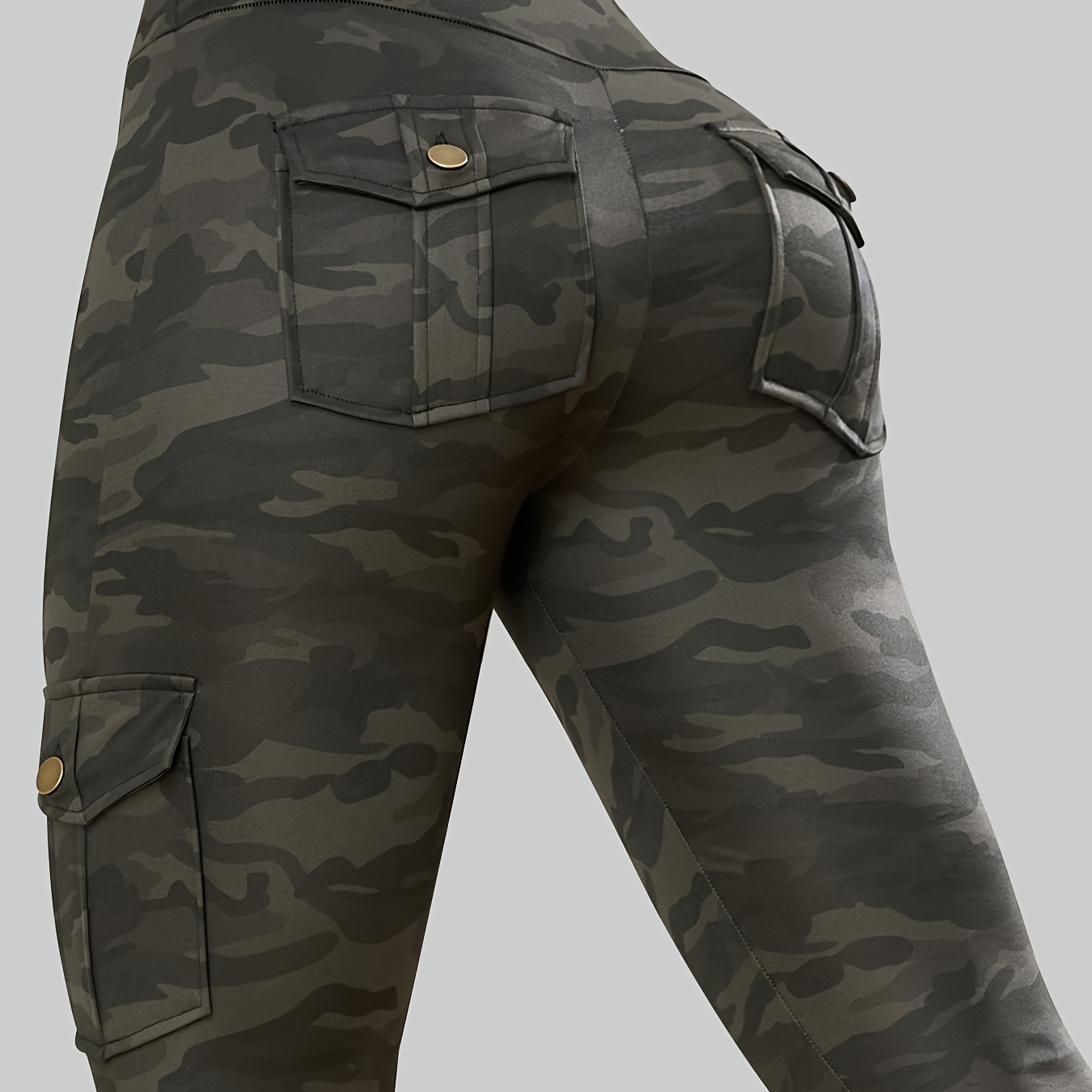 

Women's Camouflage Print Cargo Leggings, Casual Style, Stretch Fit, With Pockets, Fashionable Workout And Daily Wear Pants