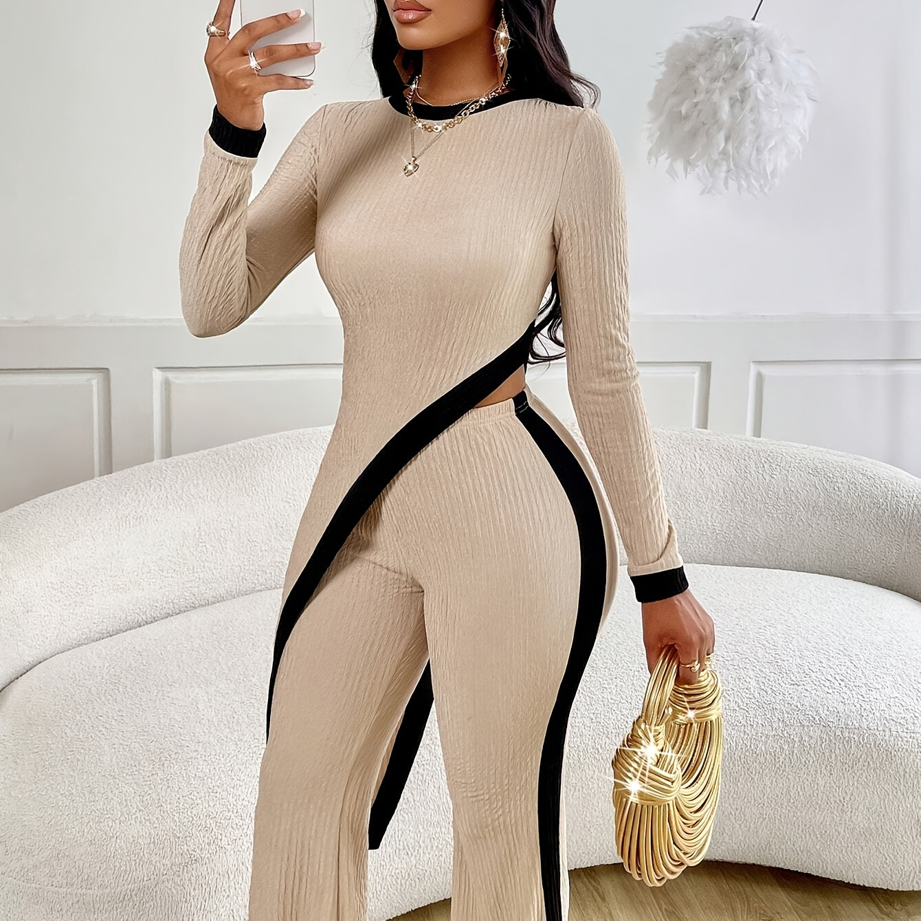 

Women's Elegant Hem T-shirt And Flared Pants Set, Polyester Knit Fabric, Solid Color, Round Neck, Spring/, Fashion Jumpsuit Outfit