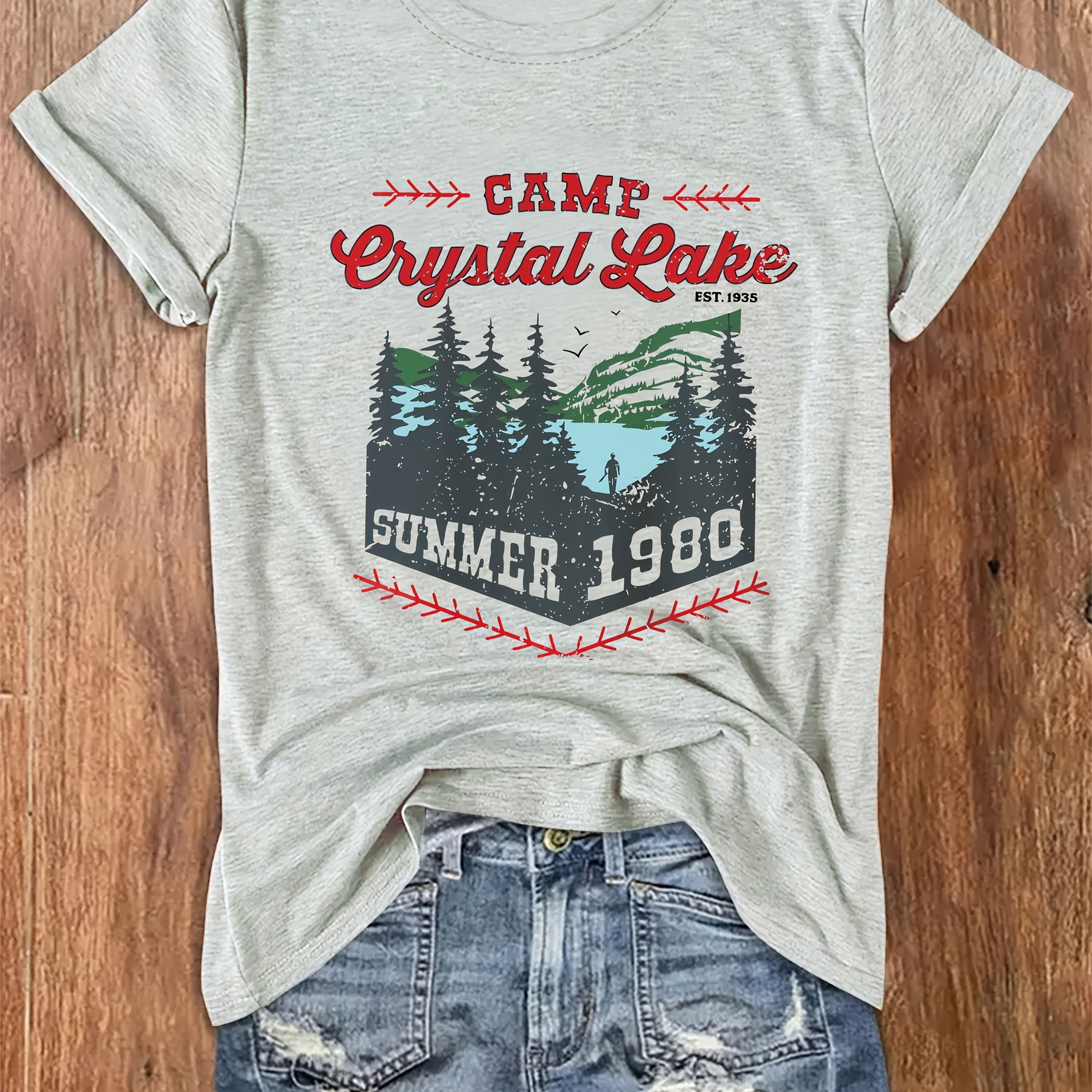 

Lake Summer 1980 Graphic T-shirt Women's Casual Crew Neck Short Sleeve Tee, 100% Polyester Knit Fabric, Regular Length, All Season Wear