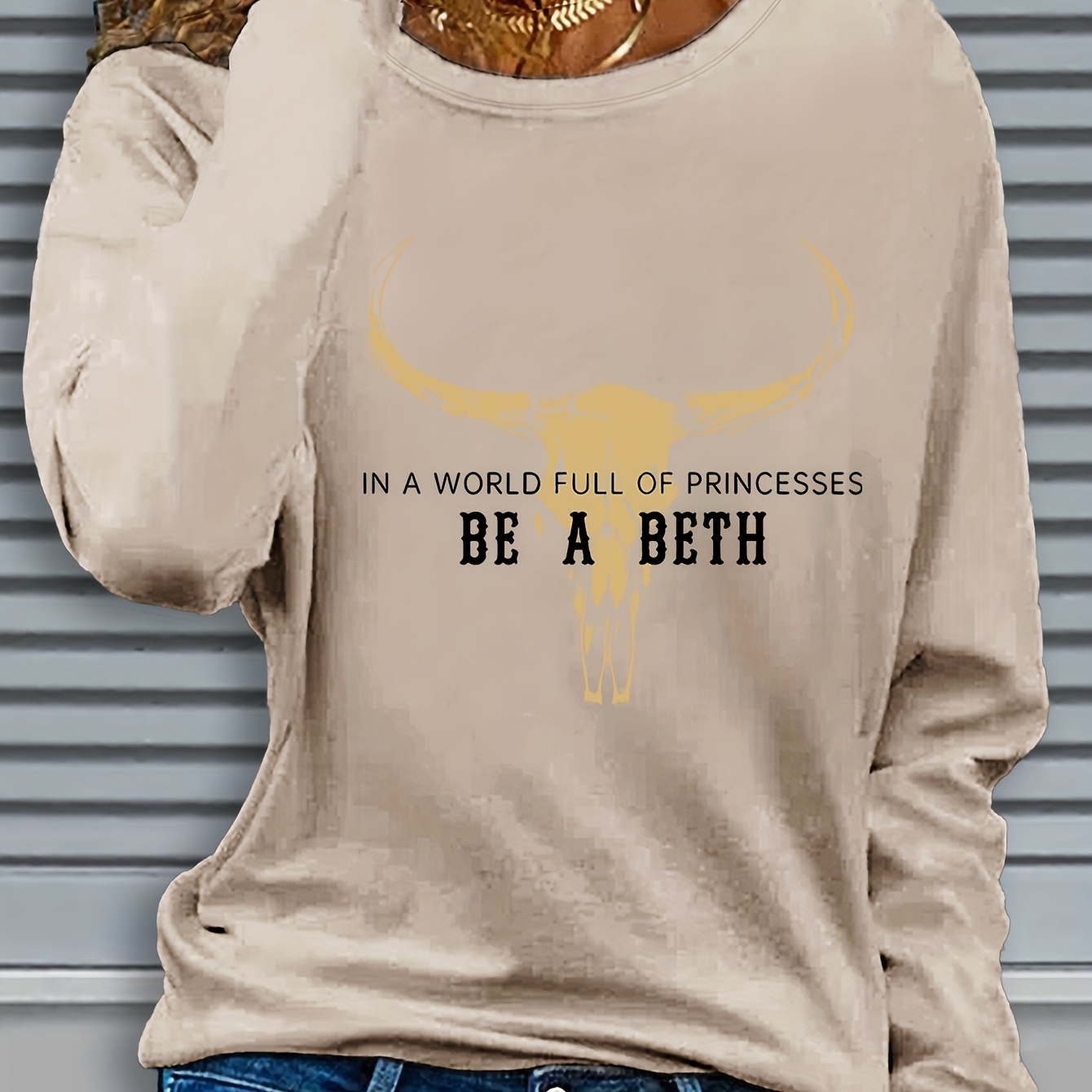 

Women's Casual Long Sleeve Crew Neck T-shirt, Polyester Knit Fabric With Slight Stretch, Regular Fit, With Bull Skull And "in A World Full Of Princesses Be A Beth" Applique, For Fall/winter