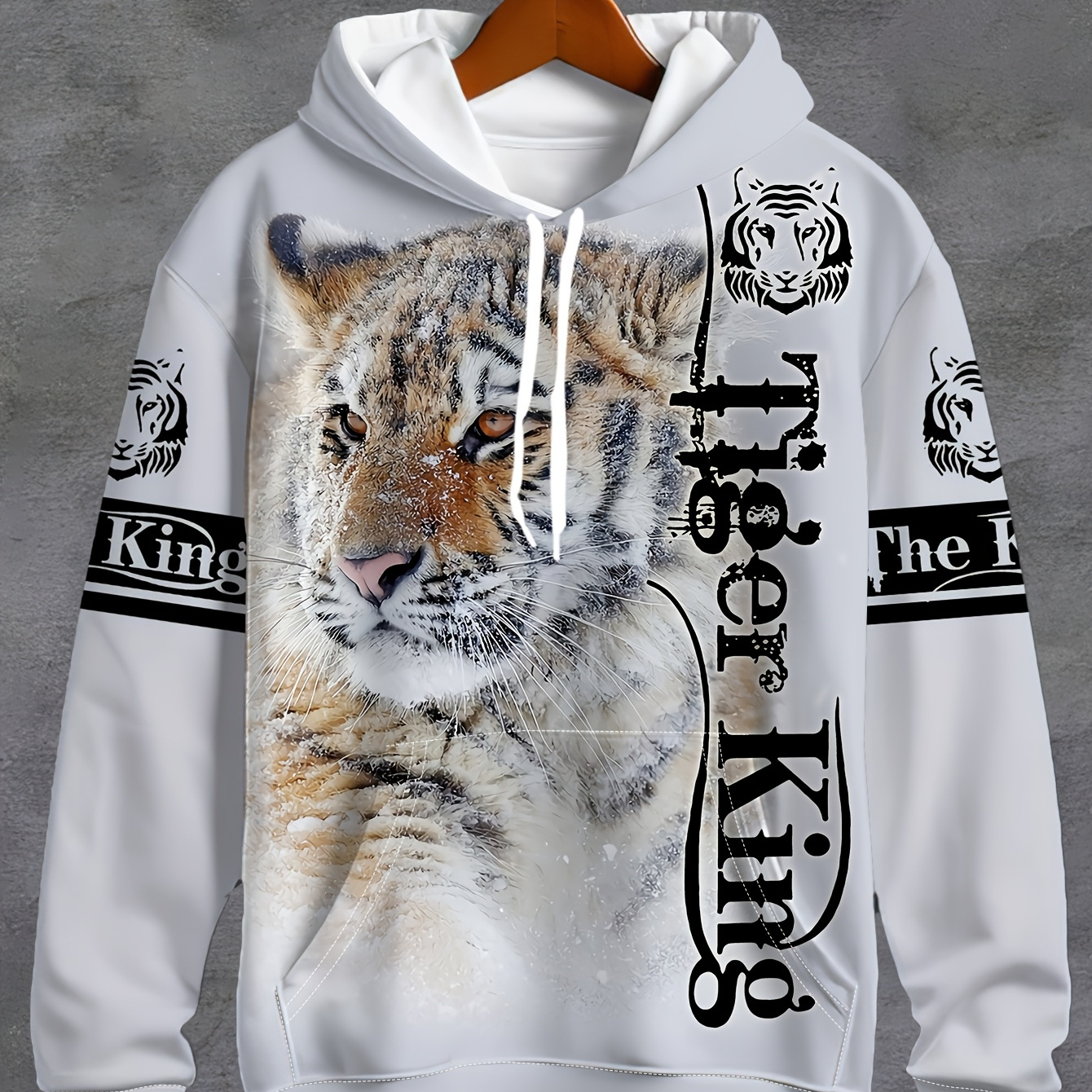 

Men's 3d Tiger Print Hoodie - Casual Long Sleeve With Drawstring & Pockets, Vintage Style Pullover For Fall/winter