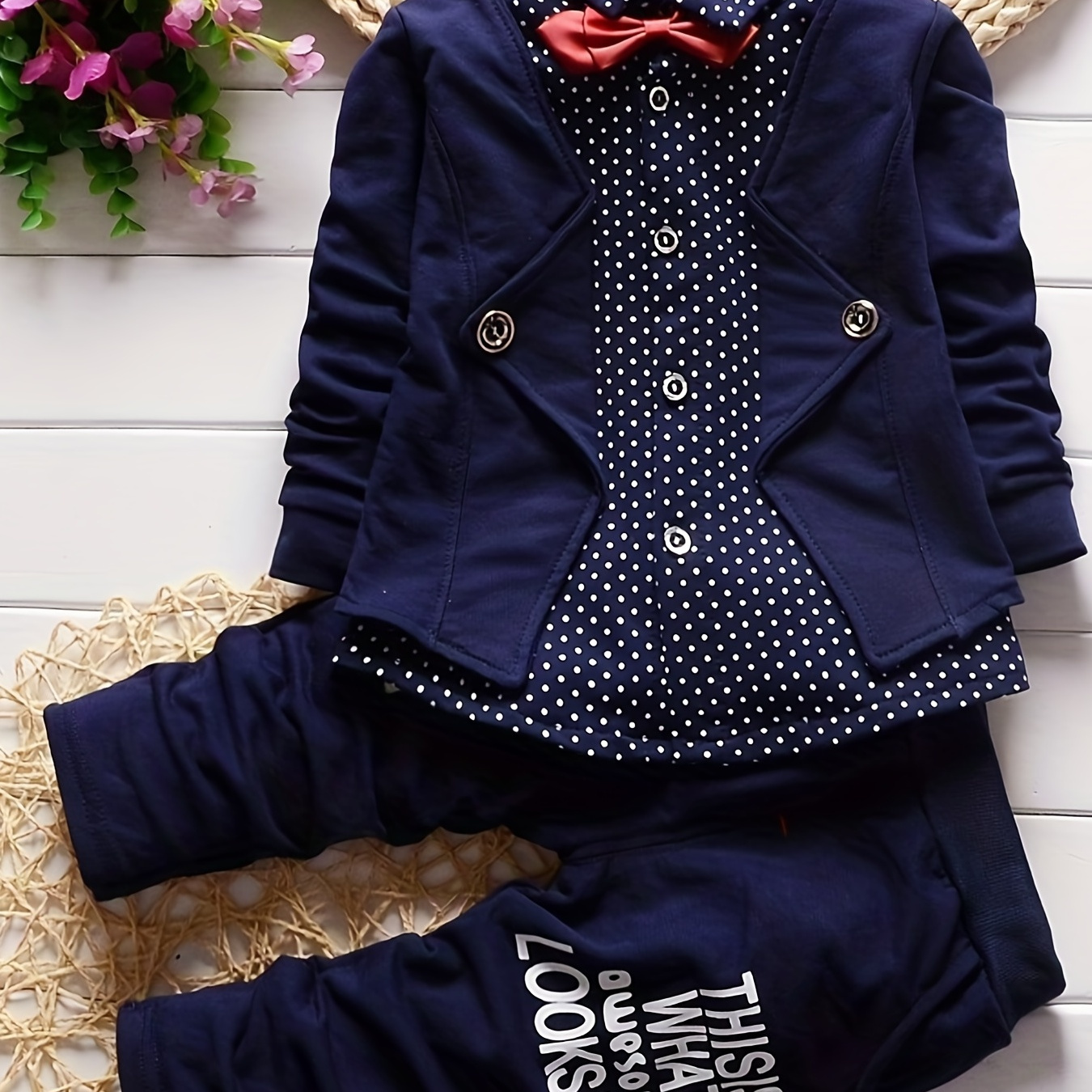 

New Boys Trendy Two-piece Set, Babies Kids Small Dot Fake Two-piece Top & Trousers, Handsome Party Outfits