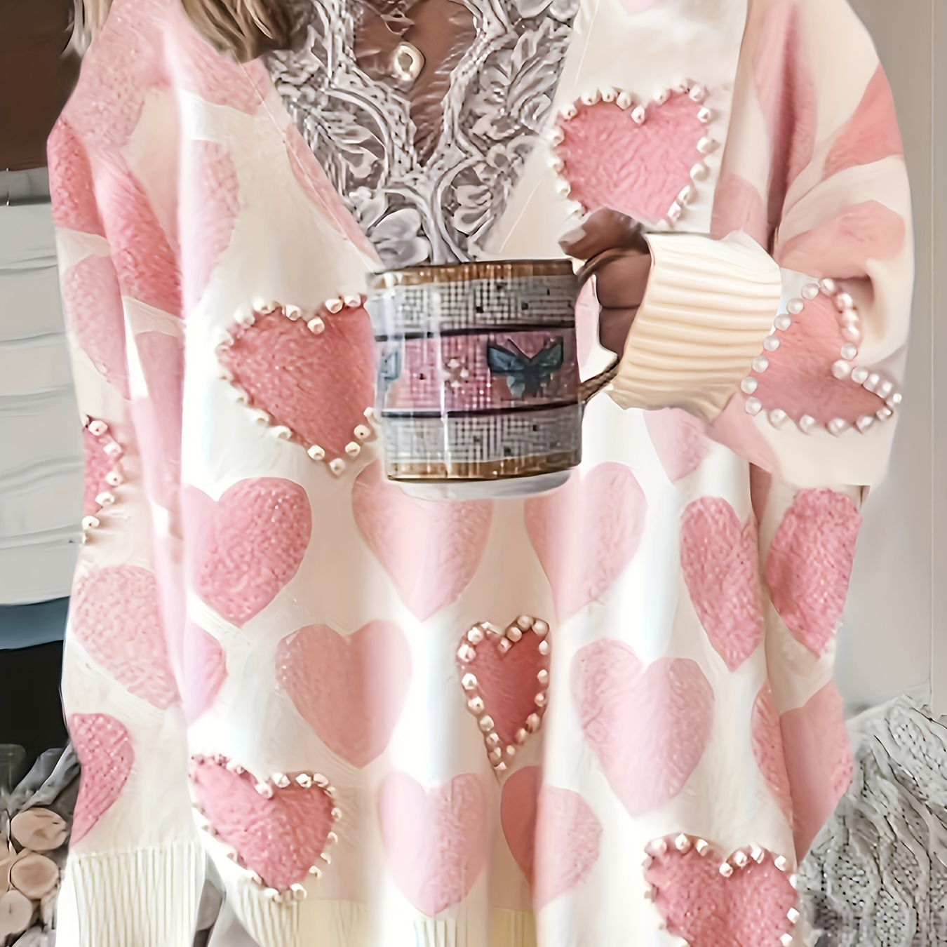 

Heart Pattern Beaded Knit Sweater, Casual Long Sleeve Lace Trim Pullover Sweater, Women's Clothing