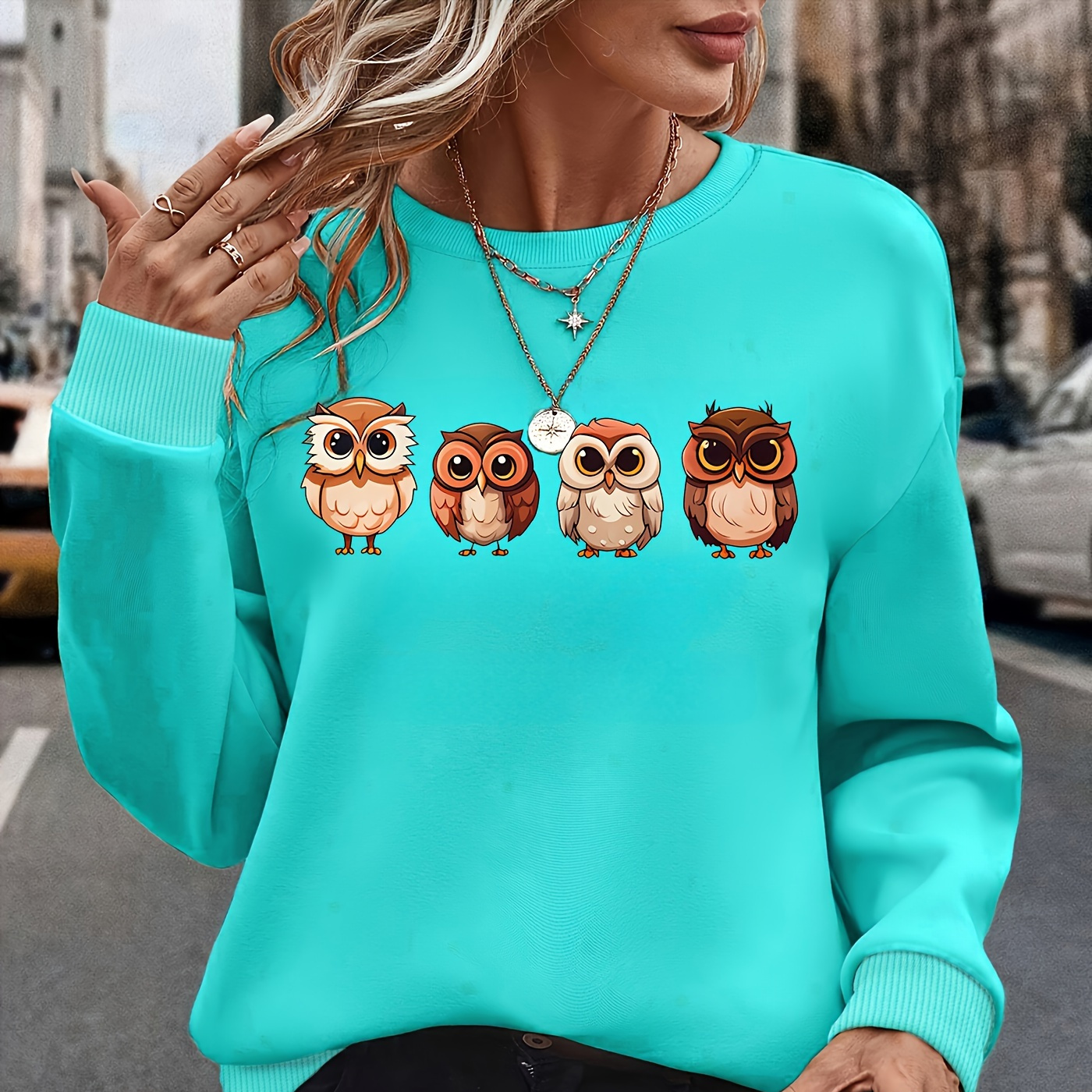 

's Owl Long Sweatshirt, Pullover, All , Pattern,