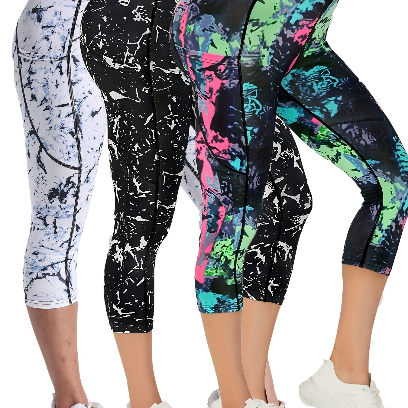 

3-pack Capri Yoga Pants With Pockets, Tie-dye Print, High Waist Tummy Control, Butt Lifting, Fitness & Running Cropped Leggings