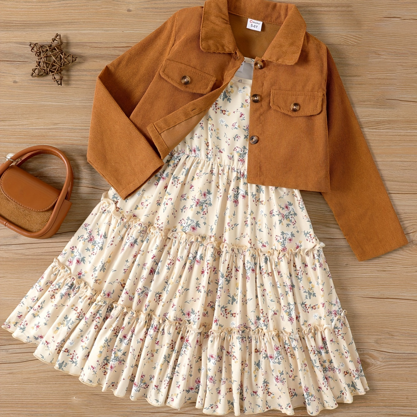 

2pcs Kid Girl Buttons Front Long Sleeve Jacket & All-over Floral Print Slip Dress Set