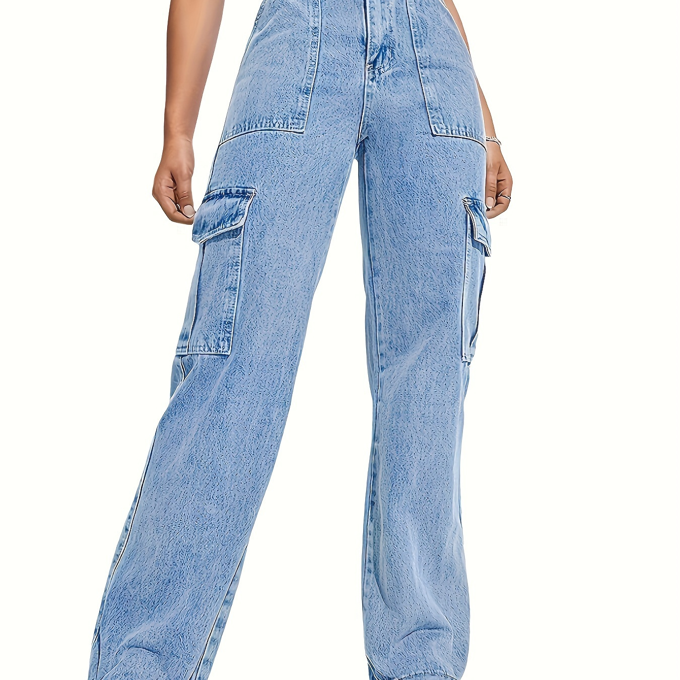 

Women's Plus Size Elastic Waist Denim Jeans, Fashion Basic Style, Casual High-waisted Wide Leg Pants With Flap Pockets