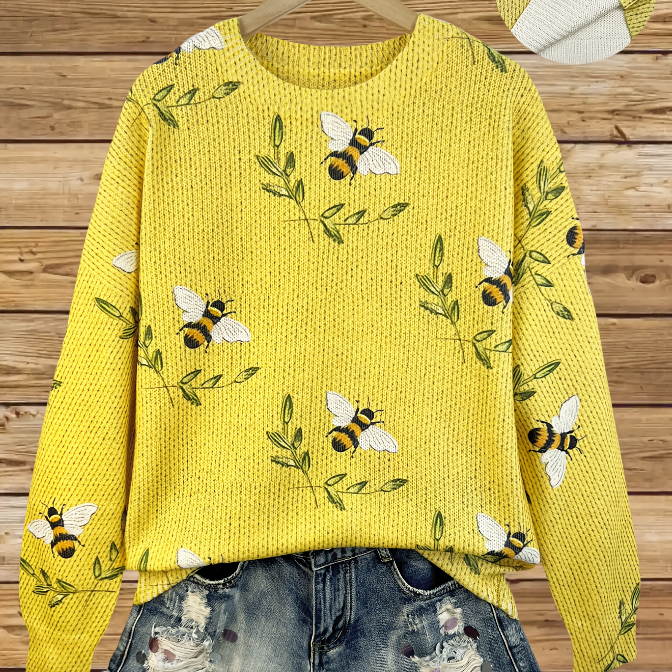 

Women's Elegant Crew Neck Sweater With Bee Pattern, Polyester 100% Knit Pullover, Long Sleeve Animal Print Top For Fall/winter, Regular Fit, 300g/m² Fabric Weight