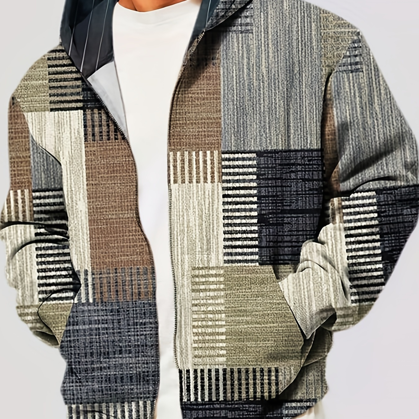 Plus Size Men's Plaid Hooded Jacket Oversized Hoodie With Zipper For Autumn/winter, Men's Clothing