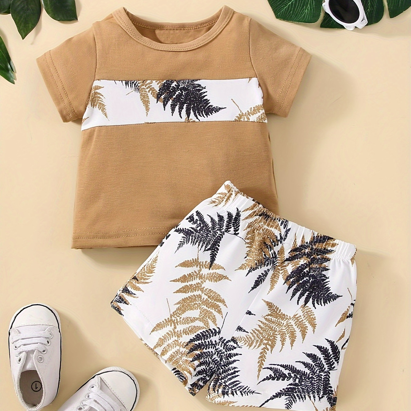

Ensemble d'été imprimé feuilles tropicales pour nourrissons et tout-petits, T-shirt et short décontracté, vêtements pour bébé garçon, en cadeau, 2 pièces